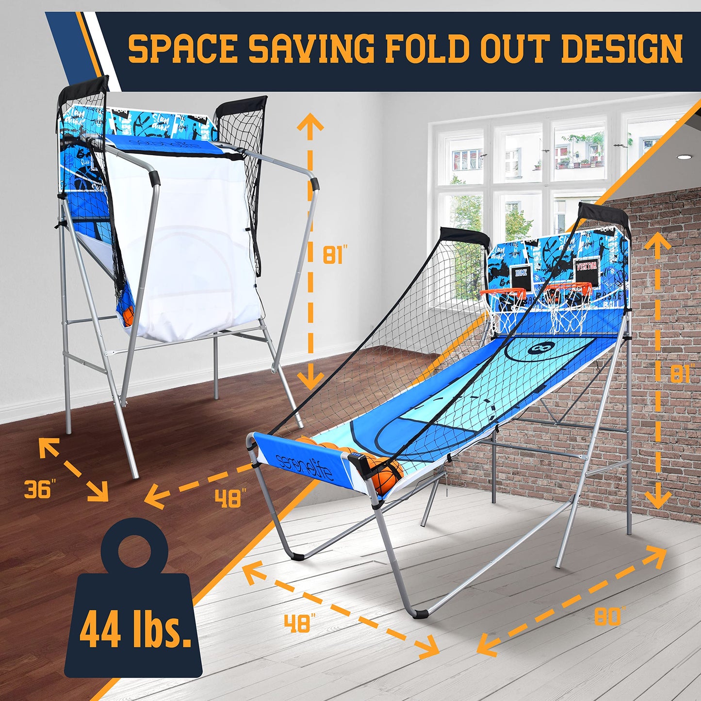 SereneLife Arcade Basketball Game Indoor Shootout, Heavy Duty Foldable Dual Hoop with Electronic Shot Scoreboard, Play Timer, Pre-Assembled Frame