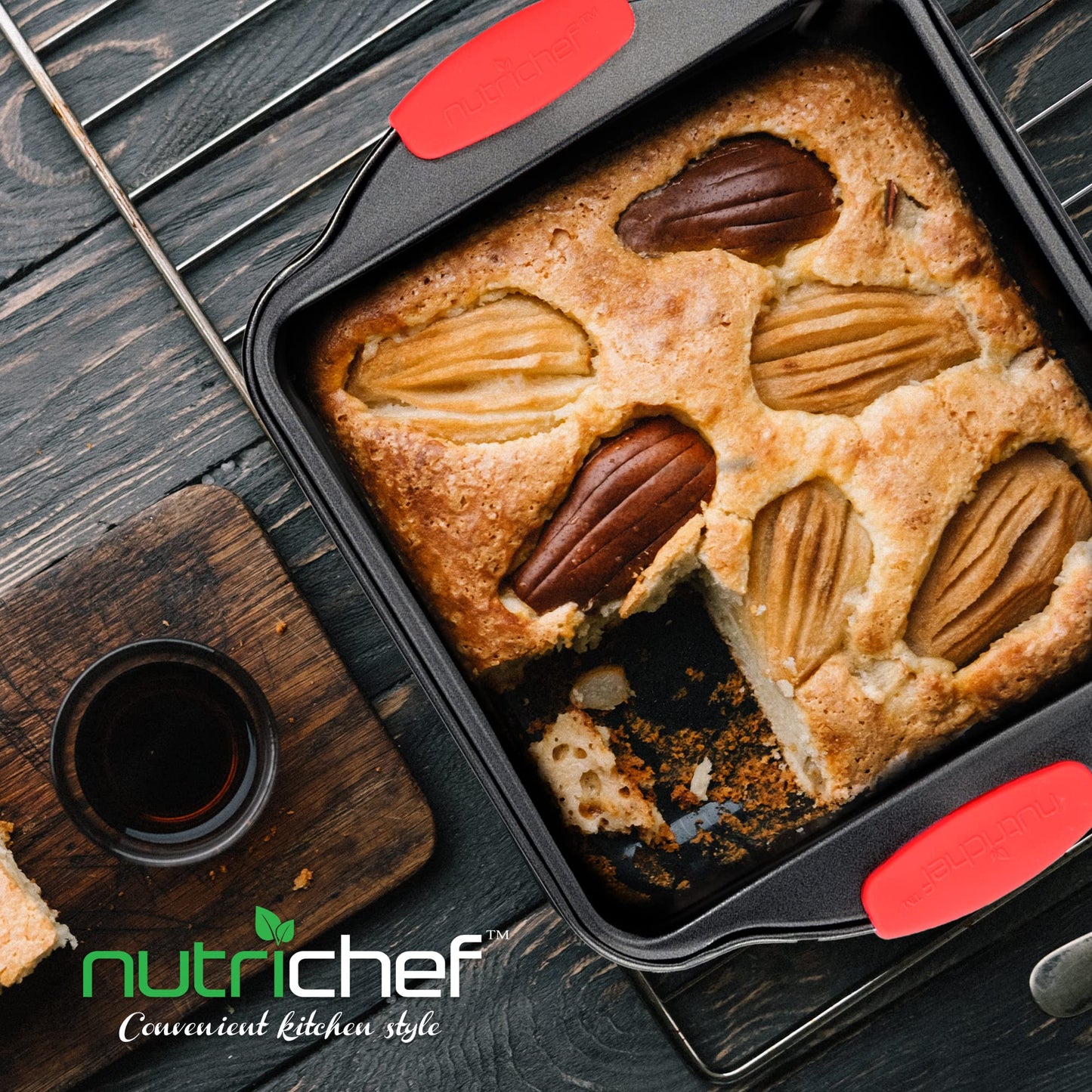 NutriChef Nonstick Square Baking Pan with Red Silicone Grip Handles - Square Brownie & Cake Tray - Even Heat Distribution, PFOA, PFOS, PTFE-Free Nonstick Coating - 8" x 8" Pan, Gray
