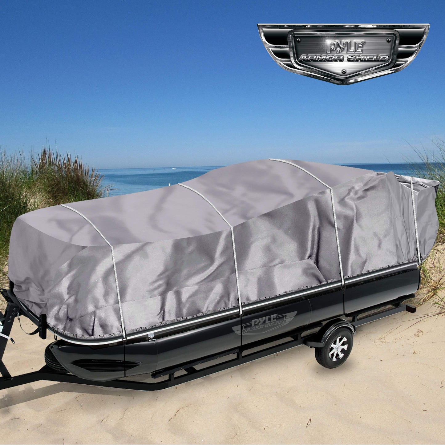 PYLE Boat Cover, Boat, Boat Covers, Heavy Duty Trailerable Waterproof Marine Grade Polyester, Fits Pontoon/Deck Boats 21-24 ft, Beam Width up to 94", Includes Storage Bag, Gray, 300D PU Coated
