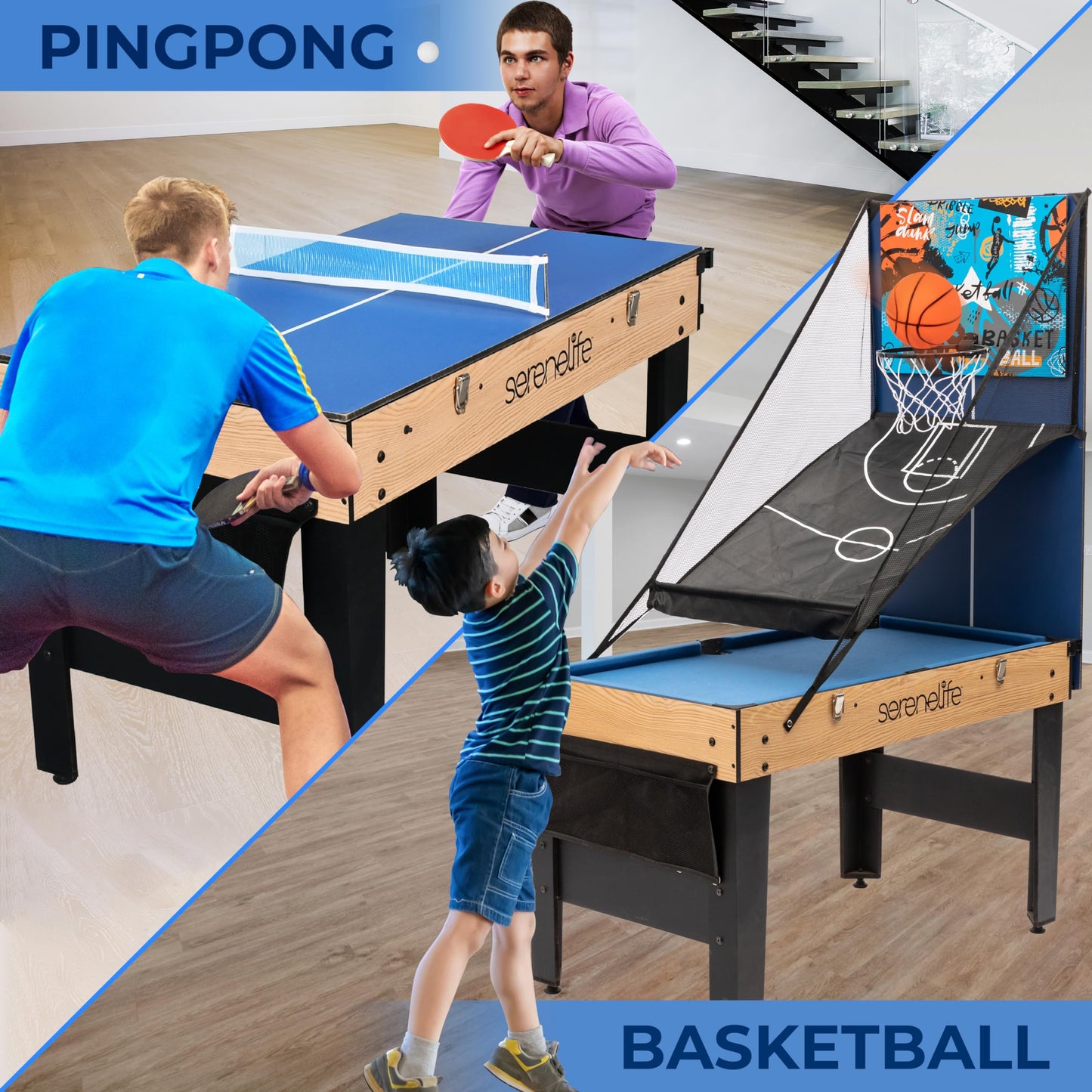 SereneLife 48" 6-in-1 Multi Game Table, Full-Size Indoor and Outdoor Arcade Sports Table with Pool, Air Hockey, Foosball, Basketball, Table Tennis, Dining Table, for Family, Kids, Adults