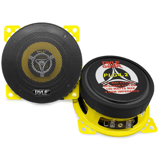Pyle Car Two Way Speaker System-Pro 4 Inch 140 Watt 4 Ohm Mid Tweeter Component Audio Sound Coaxial Speakers For Car Stereo w/20 Oz Magnet,1.85” Mount Depth Fits Standard OEM-Pyle PLG4.2(Pair),Yellow