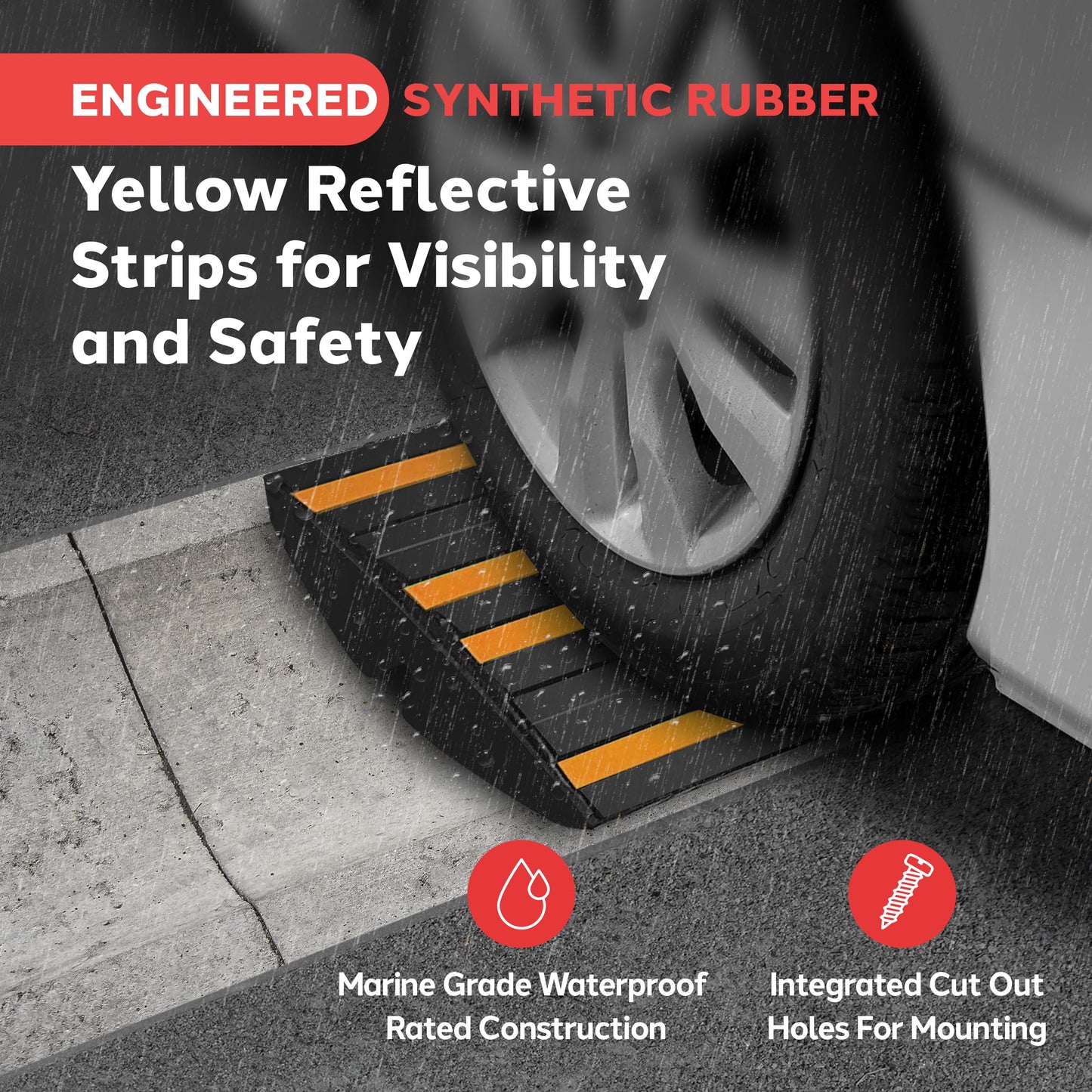 Pyle 1 Ft. Rubber Curb Ramp - Pack of 2 Heavy Duty Non-Slip Threshold Ramps for Driveways & Sidewalks, Yellow Reflective Strips, Marine Grade, Expansion Screws Included, 12.0’’x 16.0’’ x 2.6’’ Inches