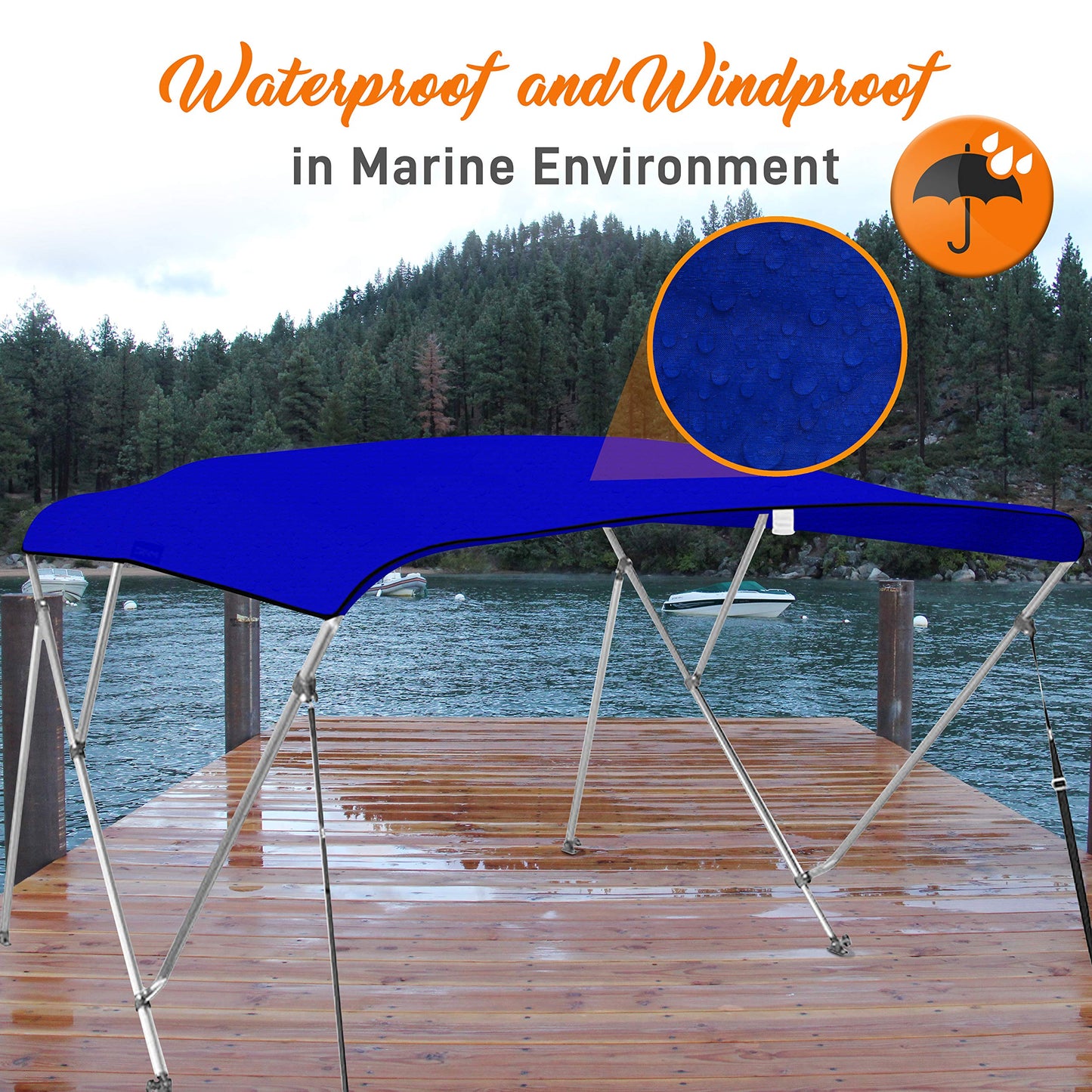 SereneLife 4 Bow Bimini Top Boat Cover – 96" L x 79-84" W x 54" H, Durable 1" Aluminum Frame, Waterproof & UV-Resistant, Easy Install with Front Straps, Rear Support Arms & Free Storage Boot (Blue)