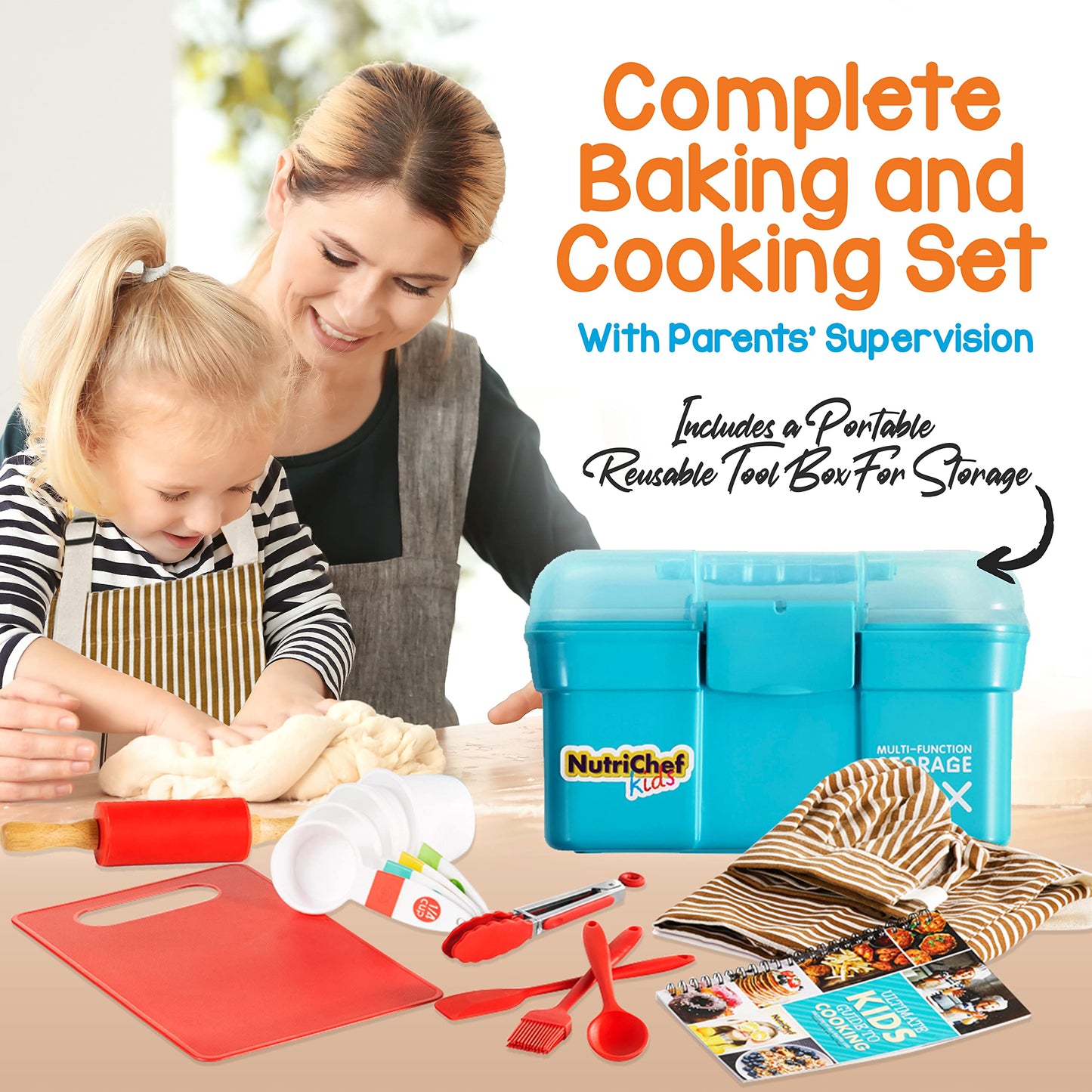 NutriChef Kids Cooking & Baking Set - Complete Cooking Set for Girls & Boys, Includes Little Chef's Apron. Kitchen Supplies, Nylon Knives, Utensils, & Baking Tools, Great Gift for Ages 4 and Up