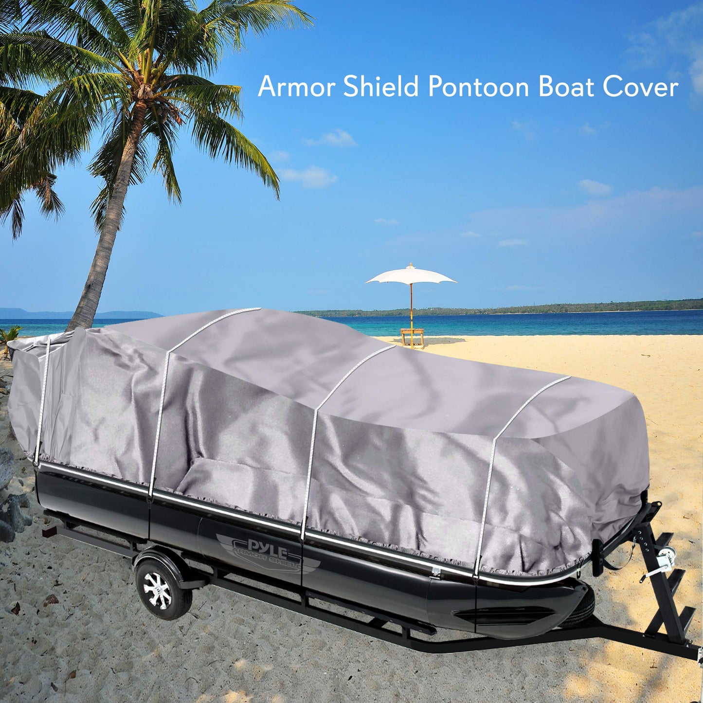 PYLE Boat Cover, Boat, Boat Covers, Heavy Duty Trailerable Waterproof Marine Grade Polyester, Fits Pontoon/Deck Boats 21-24 ft, Beam Width up to 94", Includes Storage Bag, Gray, 300D PU Coated