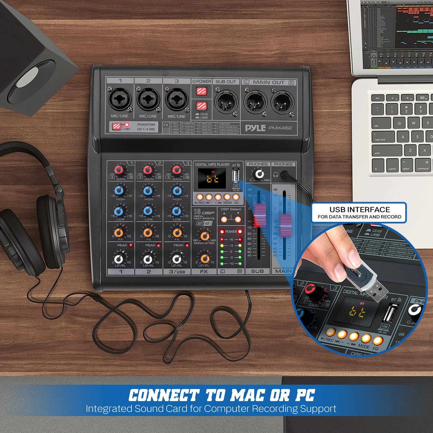 Pyle Professional DJ Audio Mixer - 3-Channel Controller with 16 Preset DSP Effects - USB Interface - 3 Mic/Line Inputs - +48V Phantom Power - Built-in FX Processor - MP3 Player/Headphone Jack - PMX462
