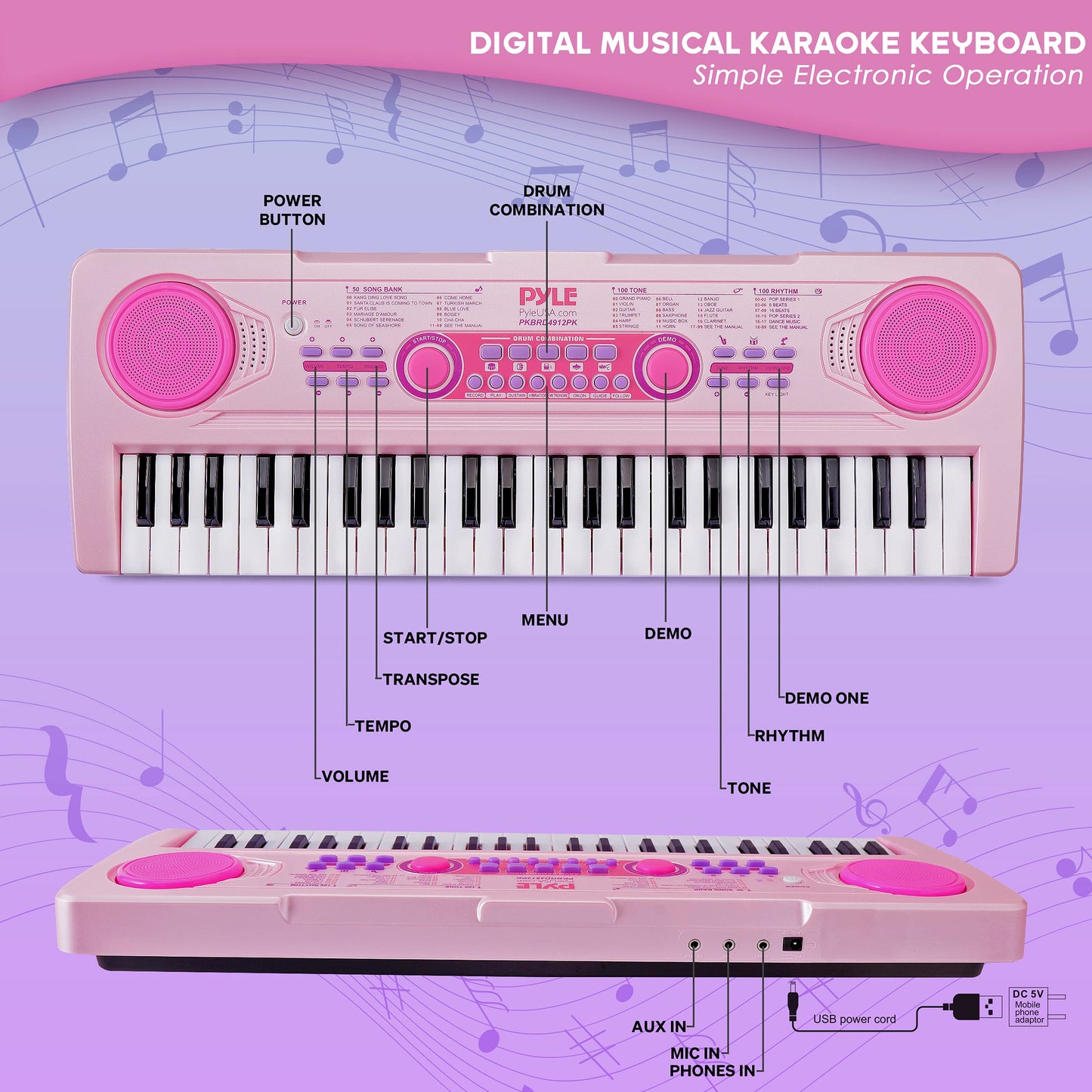 Pyle, 49, Electric Keyboard Piano, Music Keyboard-49 Keys, Karaoke Fun, Rechargeable Battery, Wired Microphone, 100 Tunes, 50 Demos, Aux Input, Compact Design, (PKBRD4912PK)