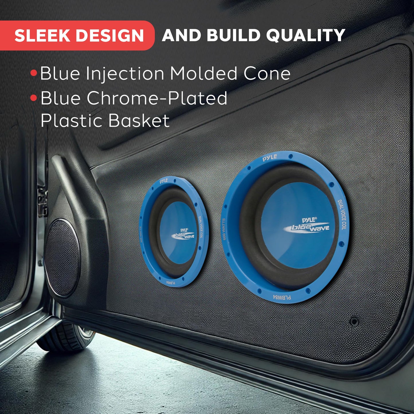 Pyle Car Vehicle Subwoofer Audio Speaker - 8 Inch Blue Injection Molded Cone, Blue Chrome-Plated Plastic Basket, Dual Voice Coil 4 Ohm Impedance, 600 Watt Power, Vehicle Stereo Sound System PLBW84