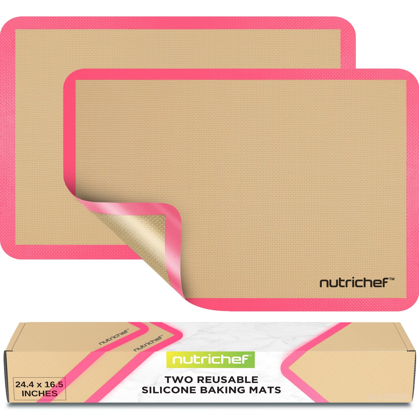 Nutrichef Silicone Baking Mats - 2 Non-stick Food-Grade Silicone Mats - Perfect for Full Baking Pans 24.4 x 16.5 IN - Oven-safe Up to 480 Degrees F - Suitable for Ovens, Freezers, & Dishwashers - Pink