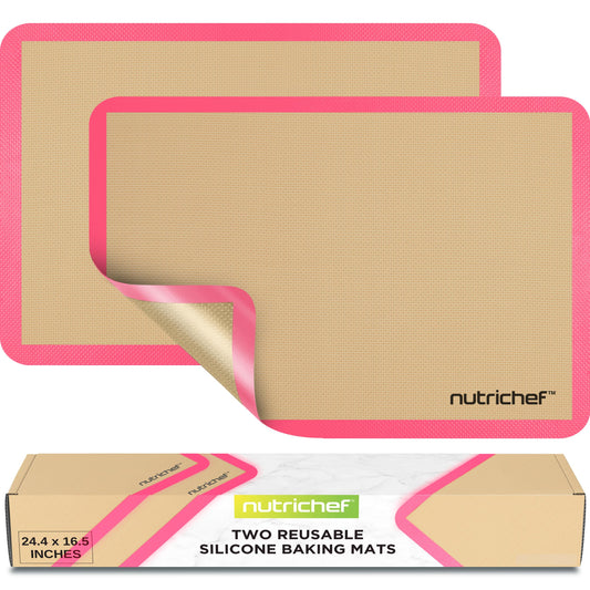 Nutrichef Silicone Baking Mats - 2 Non-stick Food-Grade Silicone Mats - Perfect for Full Baking Pans 24.4 x 16.5 IN - Oven-safe Up to 480 Degrees F - Suitable for Ovens, Freezers, & Dishwashers - Pink