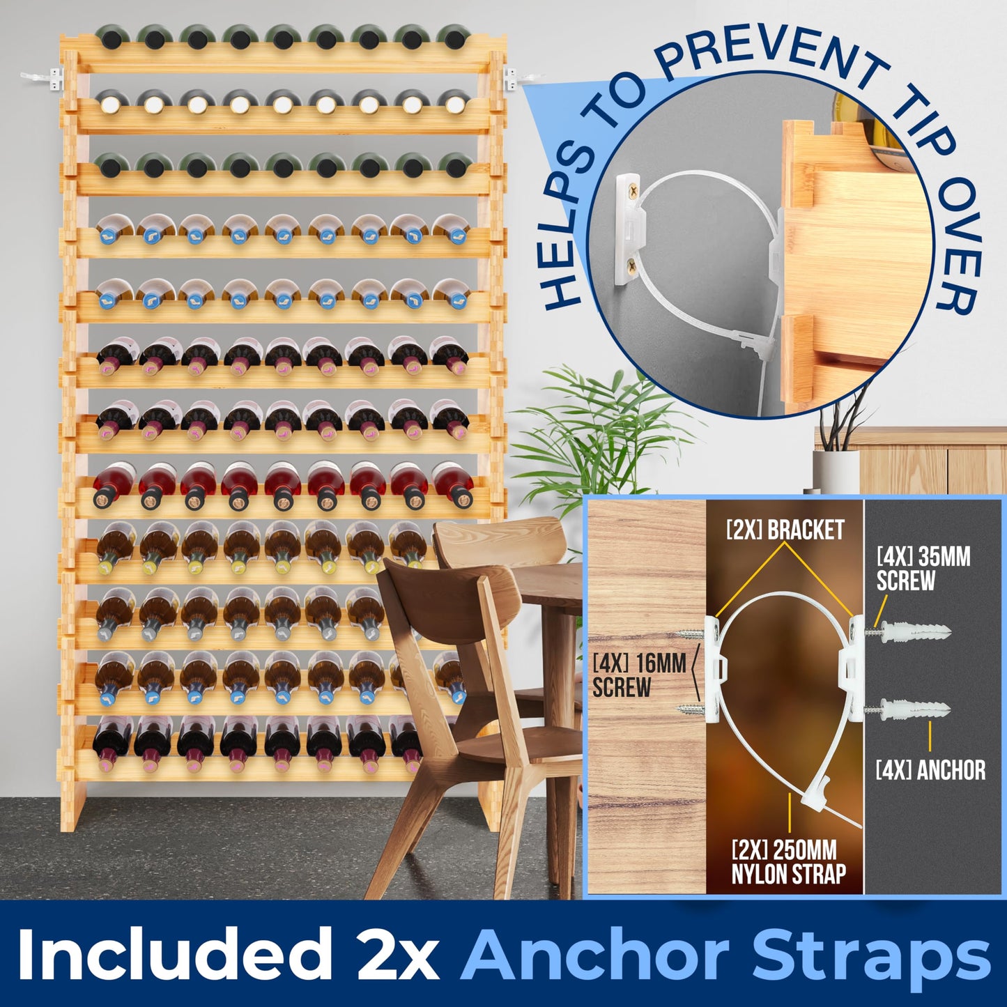 NutriChef Bamboo Stackable Wine Rack, 12-Tier 108 Bottle Capacity Free Standing Floor, No Tools Assembly, Modular Storage Display Shelf for Kitchen and Cellar 33.5" x 10" x 62.75"