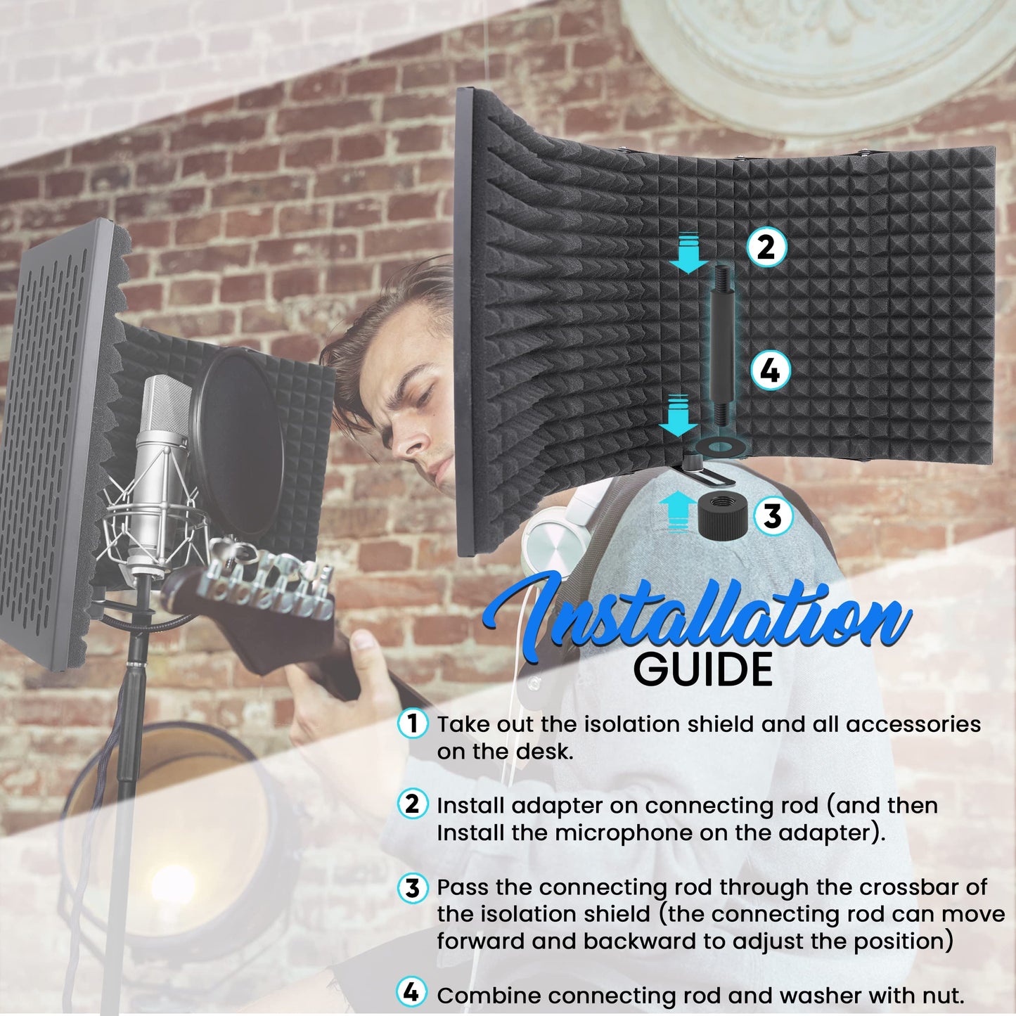 Pyle Studio Microphone Sound Isolation - Enhance Vocals & Singing with 5 Folding Acoustic Panels, Adjustable Depth & Removable Shock Mount - Ideal Podcast Equipment for Singers & Recording