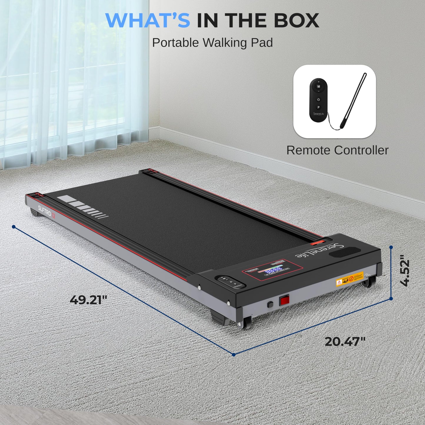 SereneLife Walking Pad Treadmill with Remote Control, 0.6 – 8.7 MPH Smart Speed Control, Walking Mat, Under Desk Treadmill for Home Office, Shock Absorption, App Support, 265lbs Limit