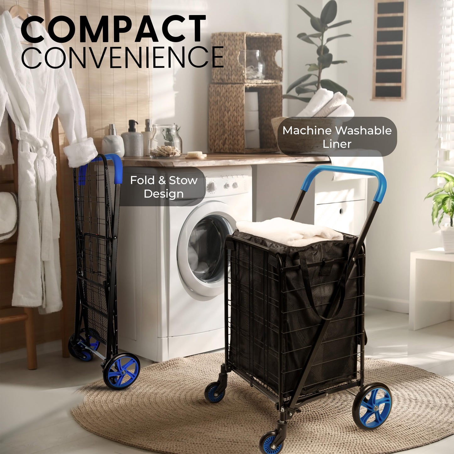 SereneLife Small Compact Folding Shopping Cart with Removable Waterproof Liner – 360° Swivel Wheels, Rust‑Proof Steel Frame, 70 lb Capacity – Portable Grocery, Laundry & Travel Cart (Blue)