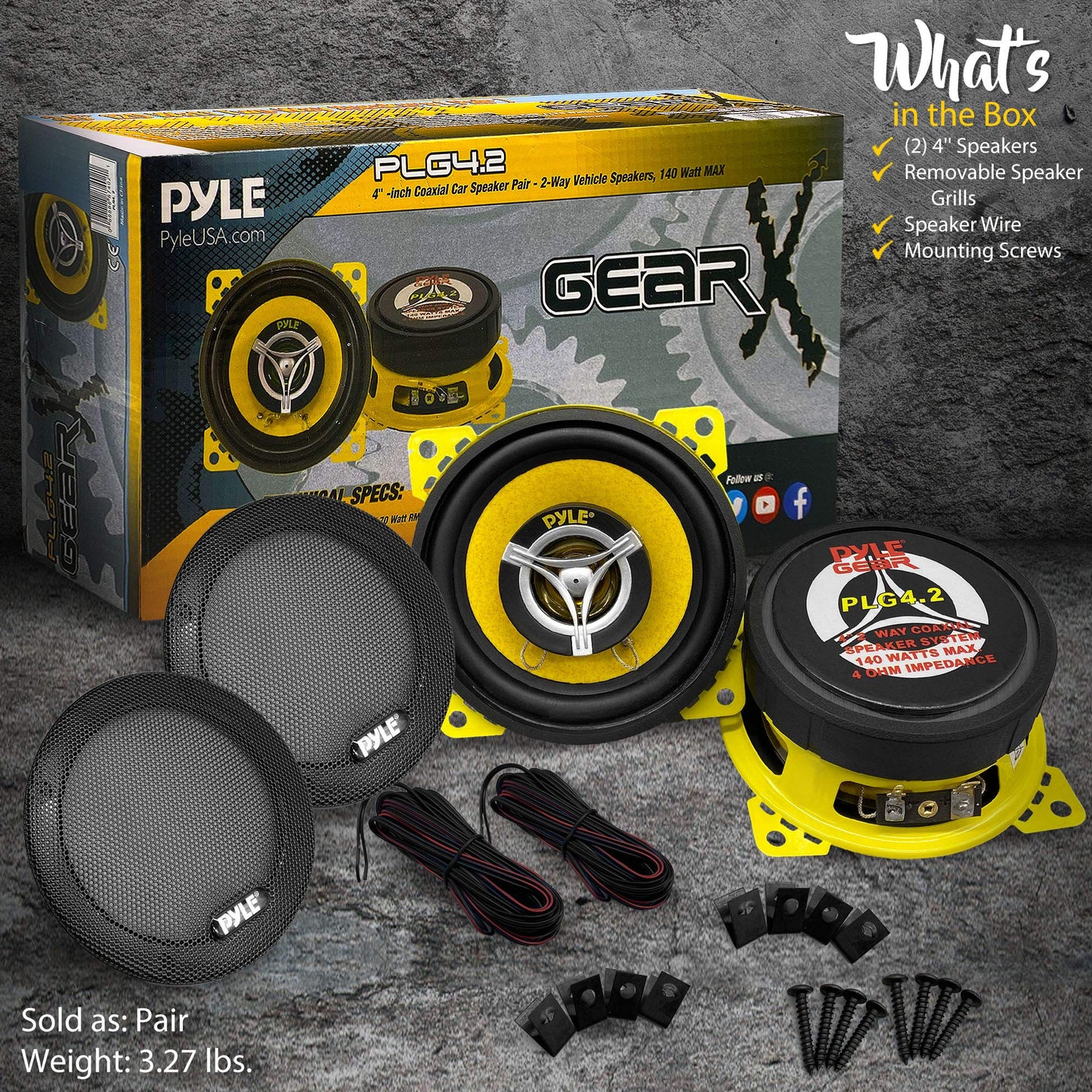 Pyle Car Two Way Speaker System-Pro 4 Inch 140 Watt 4 Ohm Mid Tweeter Component Audio Sound Coaxial Speakers For Car Stereo w/20 Oz Magnet,1.85” Mount Depth Fits Standard OEM-Pyle PLG4.2(Pair),Yellow