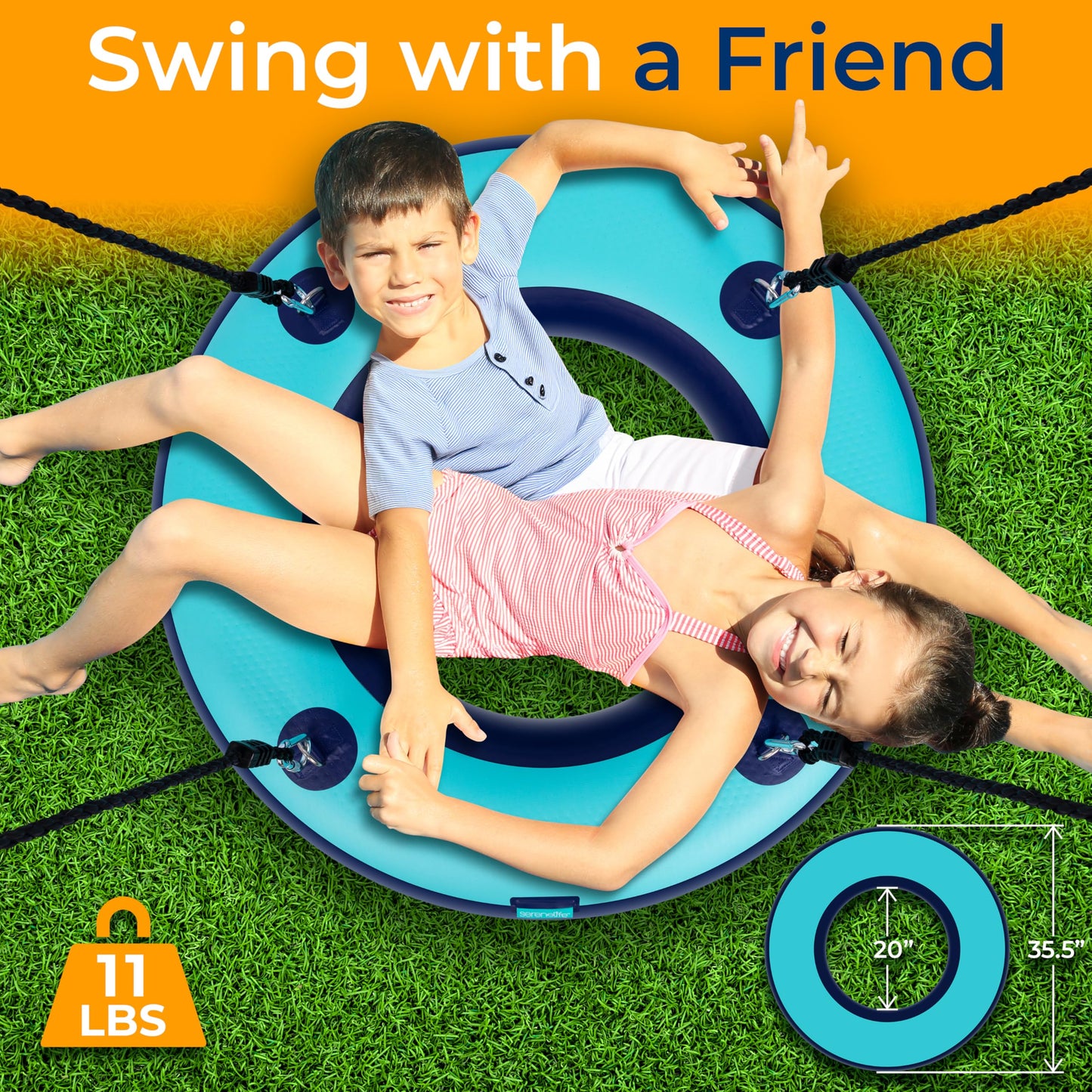 SereneLife 36” Inflatable Tire Swing with Hang Kit, 600lbs Capacity Heavy Duty Tire Swing with UV and Puncture Resistance, 360 Swivel, Hand Pump, Adjustable Ropes, Carry Bag, Hangs on Trees and Posts