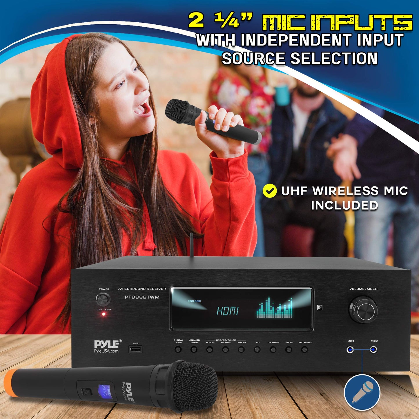 Pyle 1000W 5.2 Channel Home Theater Receiver - Bluetooth 5.0 - Amp w/ 2 UHF Wireless Mics - 4K UHD/3D/Blu-ray Pass-Through - MP3/USB/HDMI/AM/FM Radio - DSP EQ - Mic Echo & Volume Controls - PT888BTWM