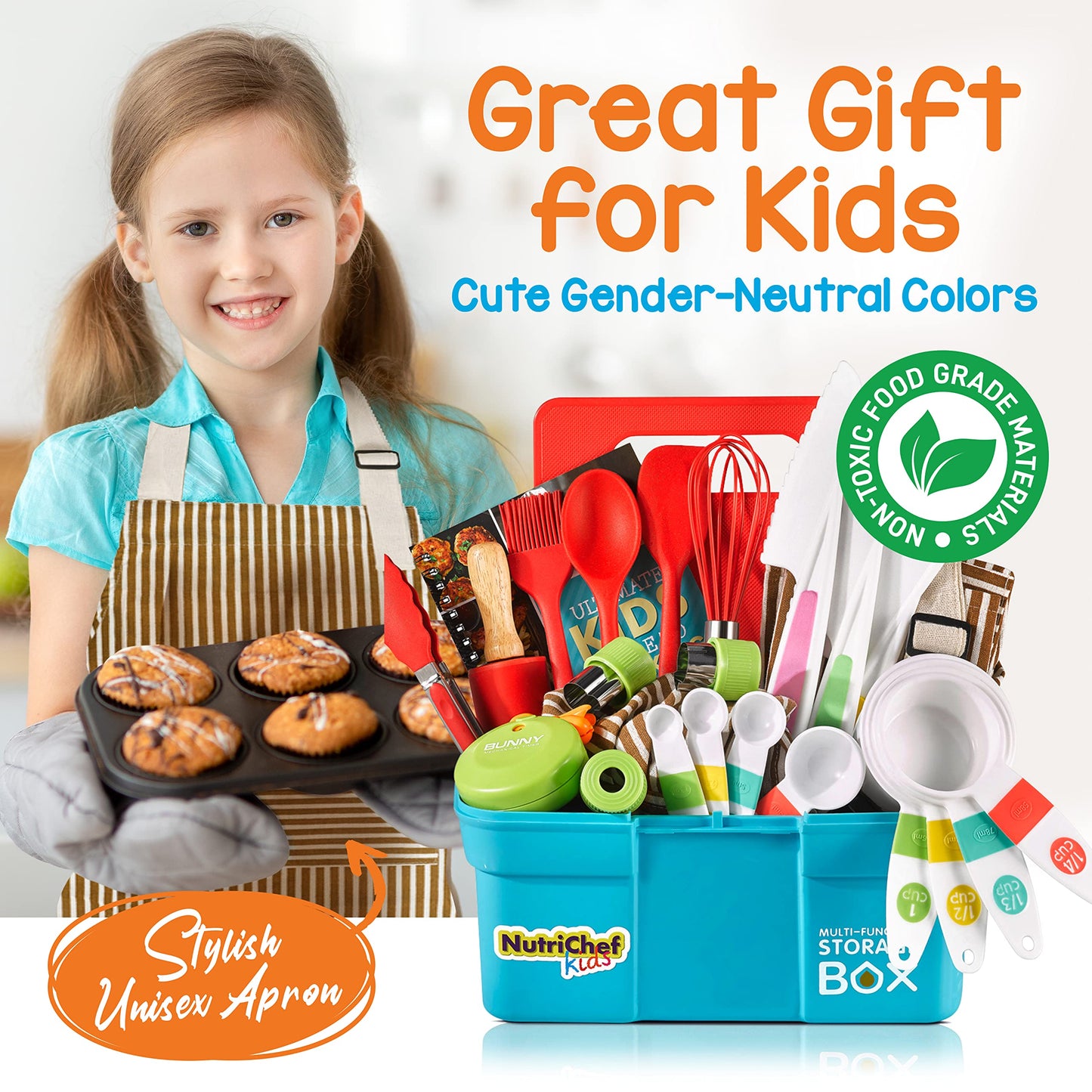 NutriChef Kids Cooking & Baking Set - Complete Cooking Set for Girls & Boys, Includes Little Chef's Apron. Kitchen Supplies, Nylon Knives, Utensils, & Baking Tools, Great Gift for Ages 4 and Up