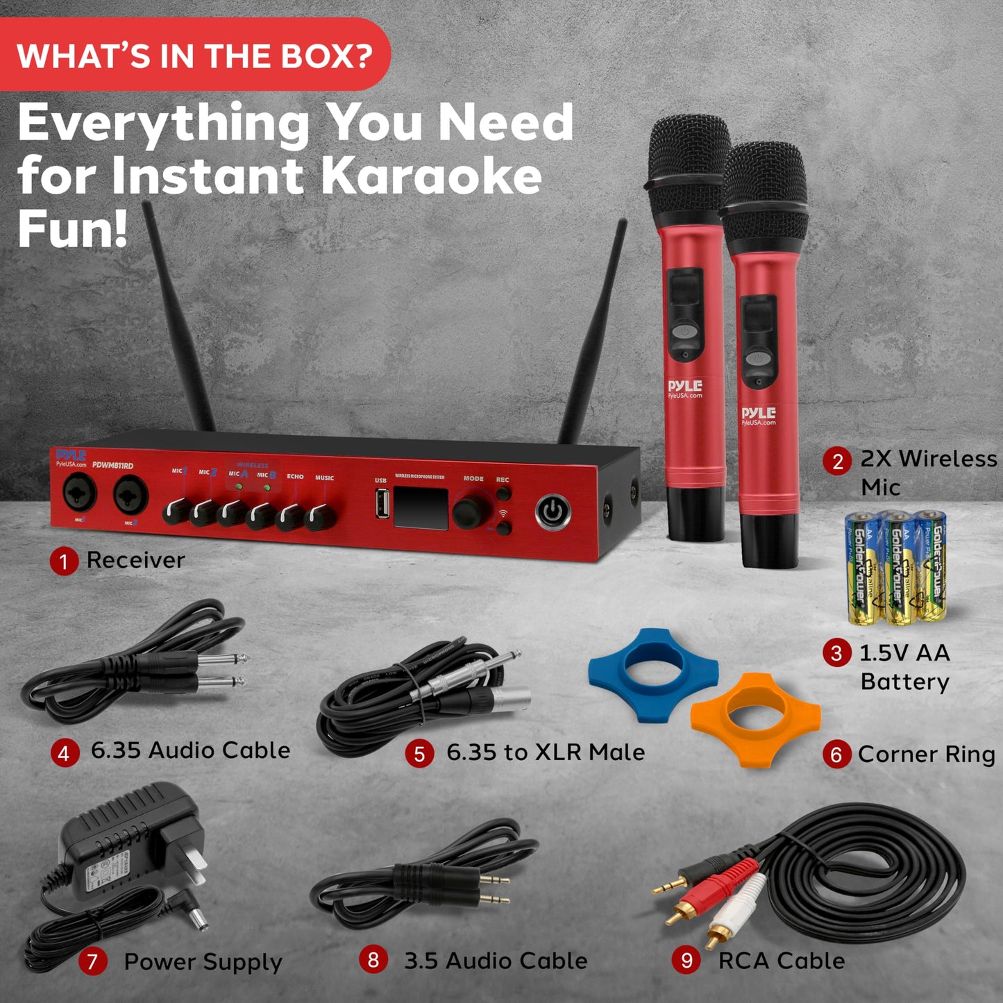 Pyle UHF Wireless Microphone System, Bluetooth, Handheld Mics, Receiver Base, Selectable Frequency, Karaoke, Professional Use, Battery Operated, 165 ft Range, Echo Control, Includes Cables
