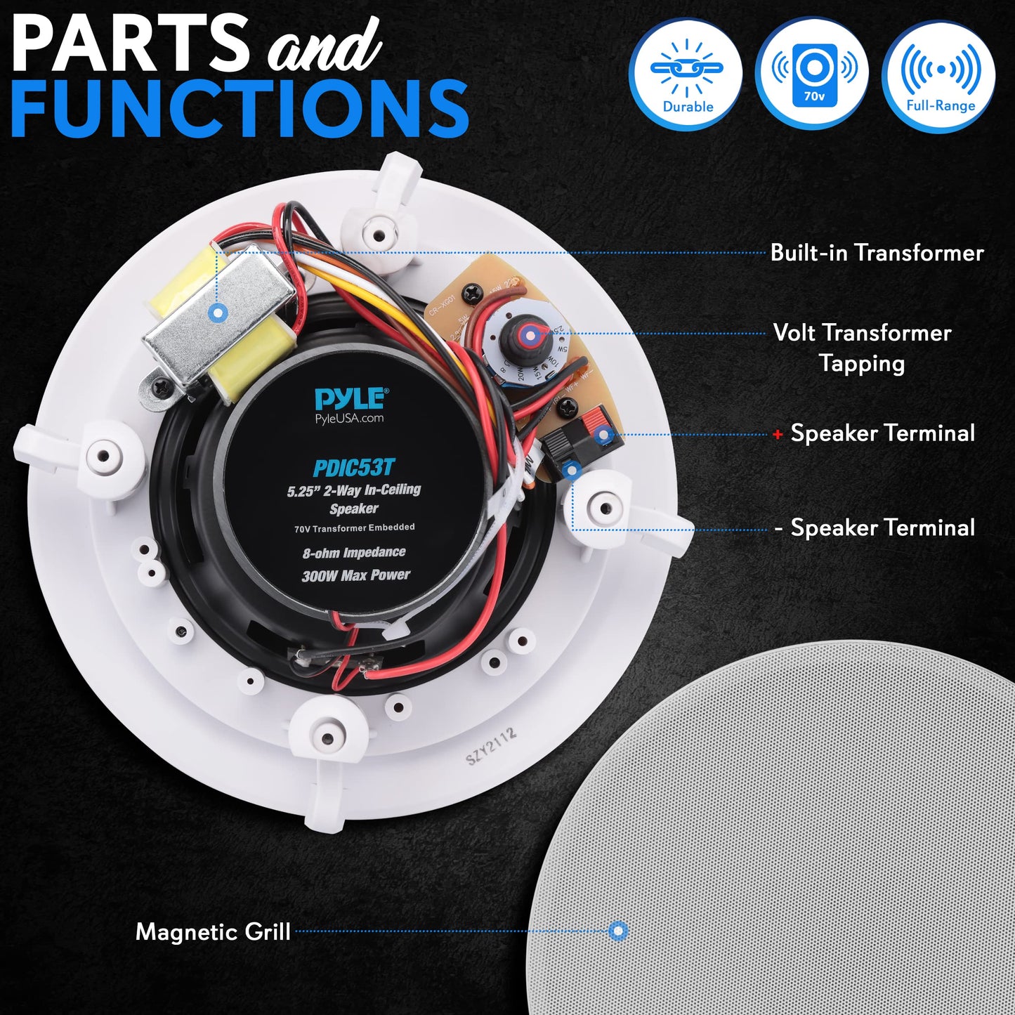 Pyle Ceiling and Wall Mount Speaker -5.25” 2-Way 70V Audio Stereo Sound Subwoofer Sound with Dome Tweeter, 300 Watts,In-Wall & In-Ceiling Flush Design for Home Surround System - Pyle PDIC53T (White)