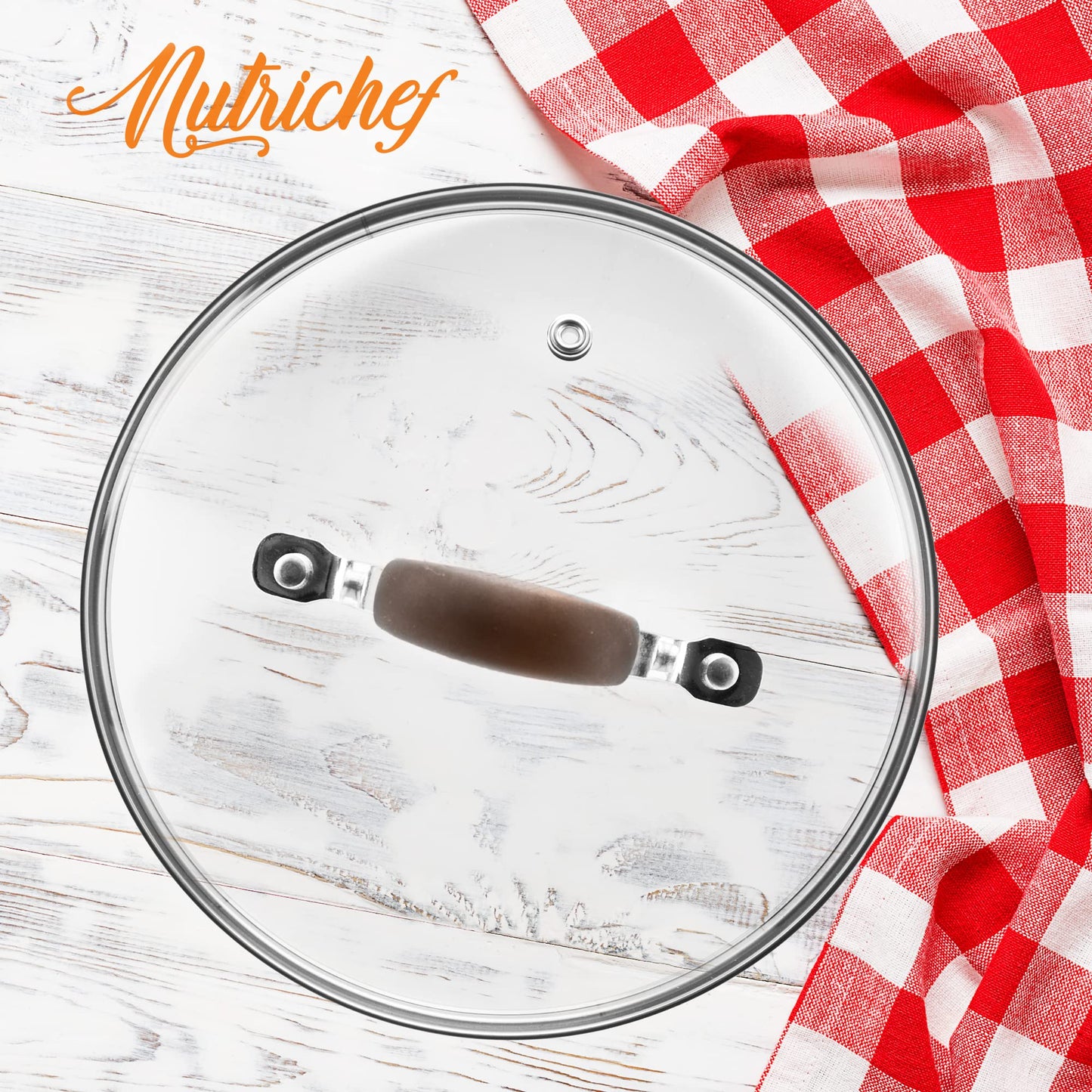 NutriChefKitchen Dutch Oven Pot Lid - See-Through Tempered Glass Lids, Stainless Steel Rim, Dishwasher Safe (Works with Models: NCCW14SBR & NCCW20SBR), Brown - NCCW14SBRDLID