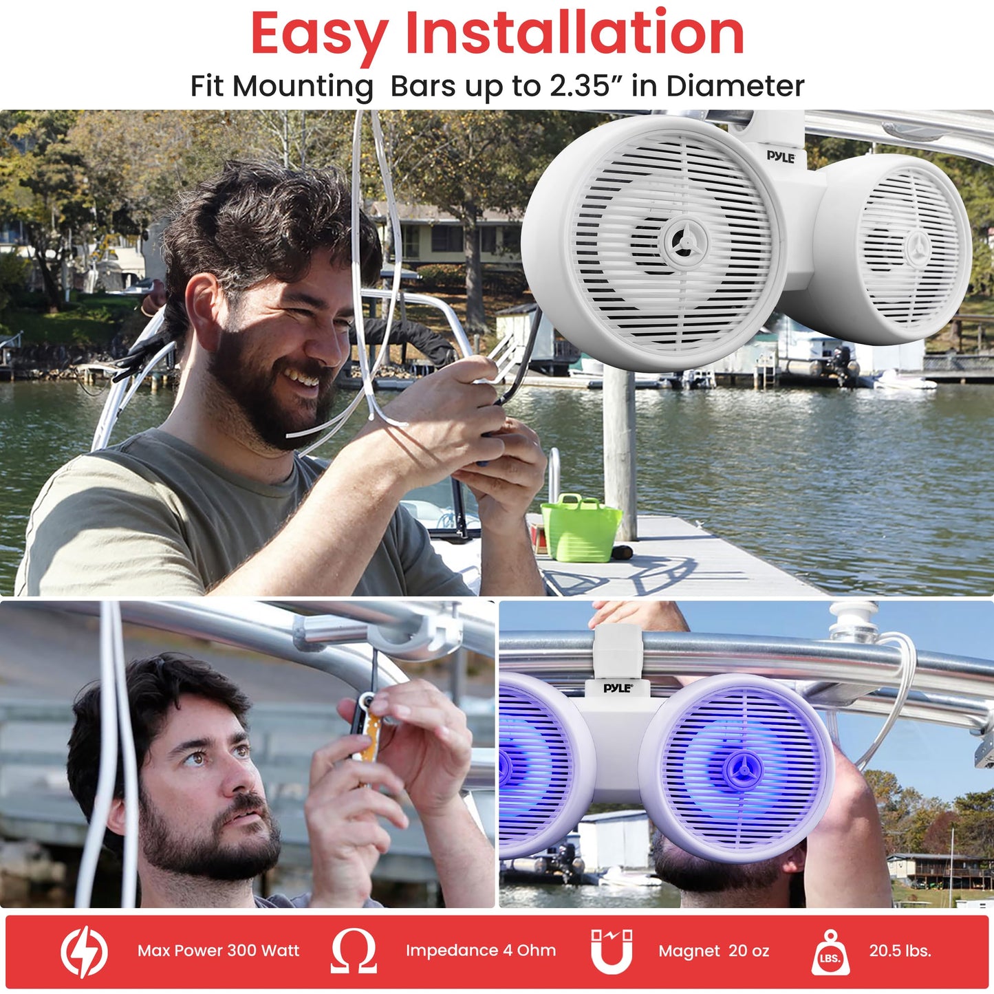 Pyle Dual Bluetooth Off-Road Speakers - 8” 300W 2-Way Marine Waterproof Wakeboard Tower Sound System w/LED Light, Full Range Outdoor Stereo Speaker for Car ATV Jeep Boat, Includes Brackets (White)