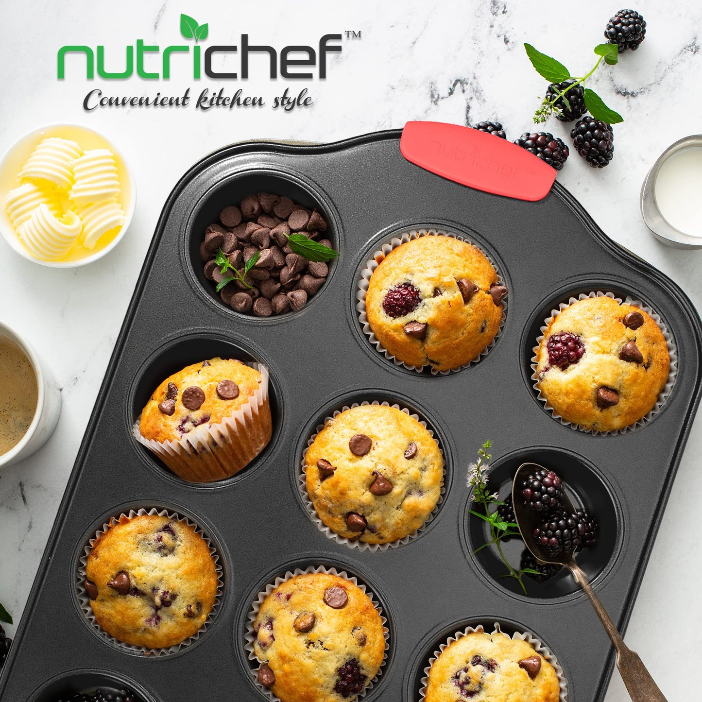 Nutrichef 12 Cup Muffin Pan, Durable and Nonstick Carbon Steel Bake Pan with Silicone Handles, Kitchen Essential Cupcake Pan, Stain Resistant, Easy Clean, PFOA, PFOS, PTFE Free, 16.22'' x 10.43''