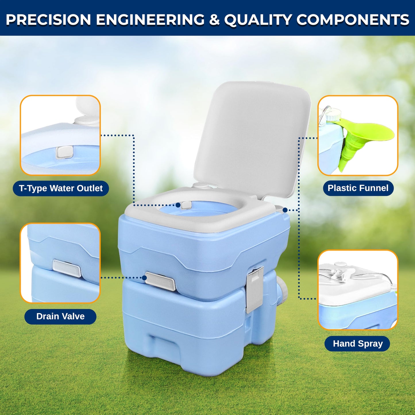 SereneLife 20L Portable Toilet with Carry Bag, Hand Sprayer & Funnel – Leak-Proof, Odorless Camping Toilet with Detachable Waste Tank, T-Flush System & 330 lb Capacity for Indoor & Outdoor Use