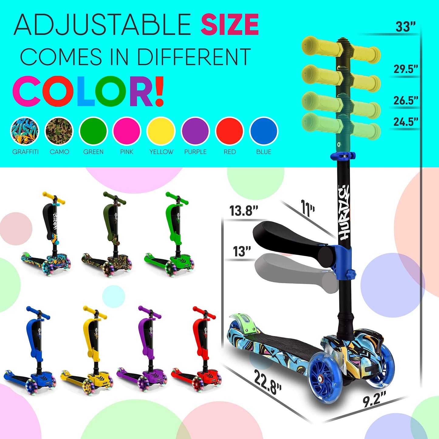 Hurtle ScootKid 3 Wheel Toddler Child Mini Ride On Toy Tricycle Scooter with Adjustable Handlebar, Foldable Seat, and Colorful LED Light Up Smooth Rolling Wheels, Graffiti
