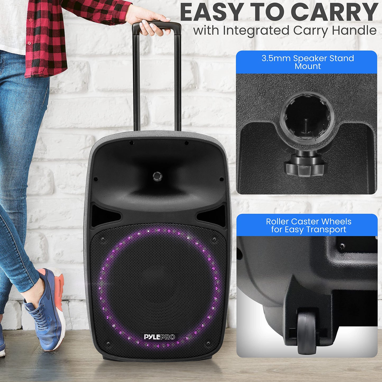 Pyle Wireless Bluetooth PA Speaker - 500W Full Range 15” Active + Passive Outdoor BT Audio System w/Party Lights, FM/AUX/MP3/USB/SD, Mic in, Handle, Wheels - with Stand, Microphone, Remote