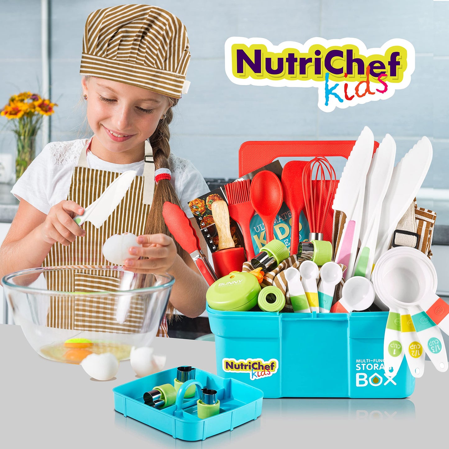 NutriChef Kids Cooking & Baking Set - Complete Cooking Set for Girls & Boys, Includes Little Chef's Apron. Kitchen Supplies, Nylon Knives, Utensils, & Baking Tools, Great Gift for Ages 4 and Up
