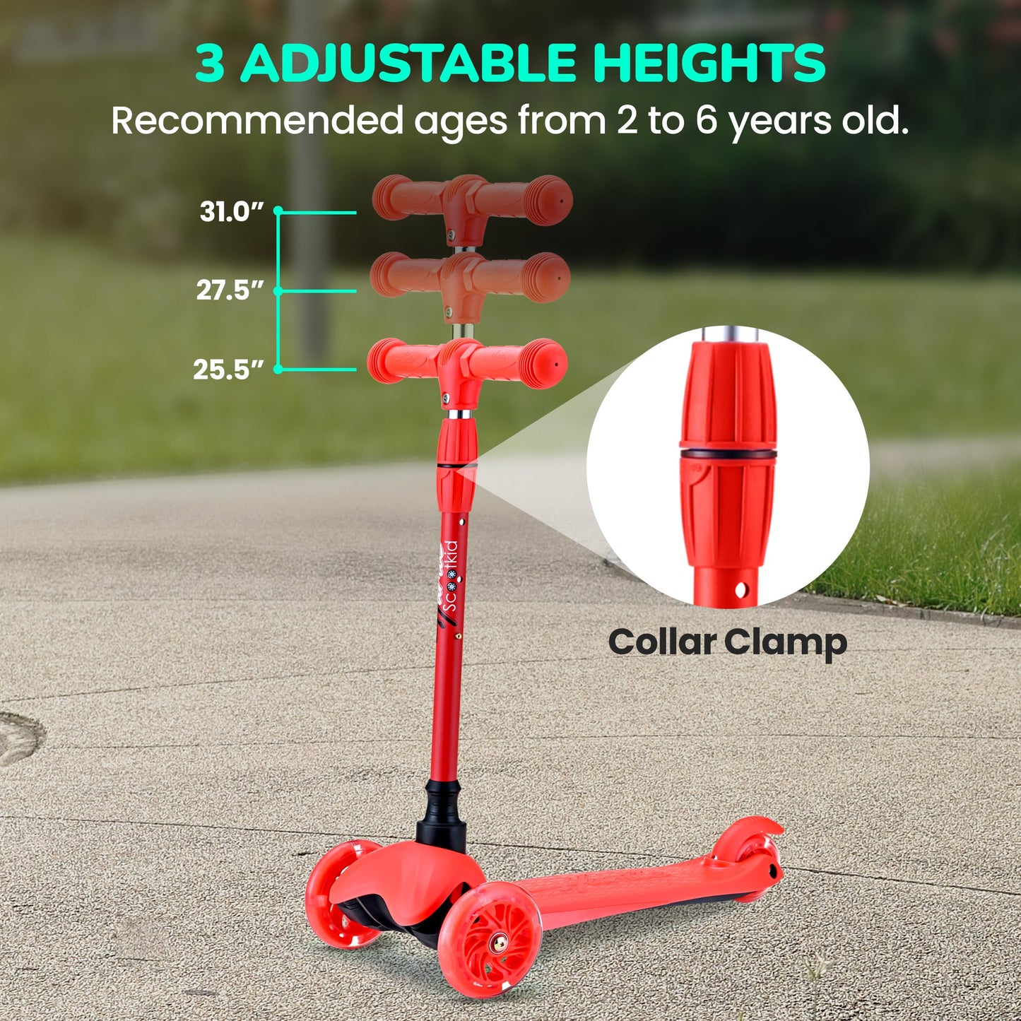 Hurtle Mini Kickboard Scooter for Kids - Height Adjustable 25''-28'', Lightweight 3-Wheel with LED Light-up Wheels, Anti-Slip,Indoor/Outdoor Fun, Micro Scooters for Ages 2-5 (Red)