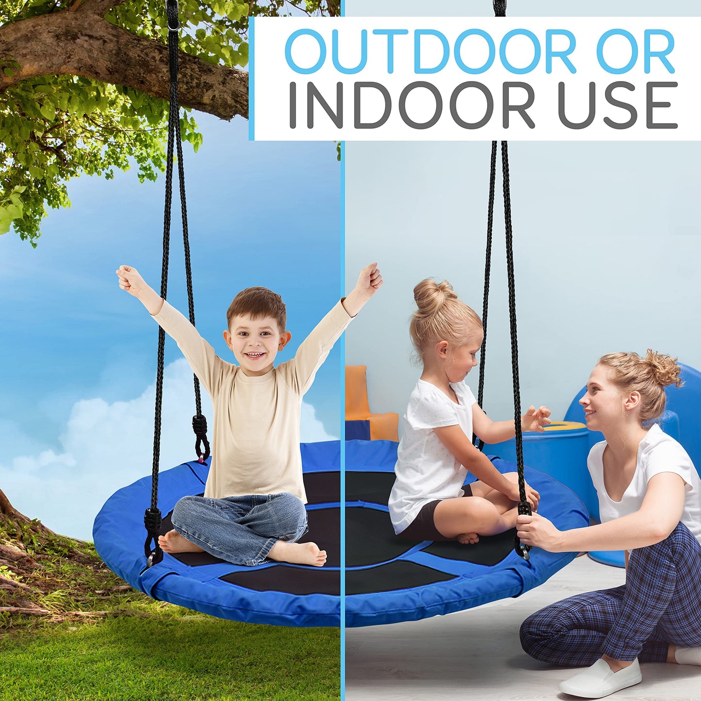 SereneLife Saucer Swing with Tree Hang Kit, 40” Outdoor Tree Swing, 2 Adjustable Hanging Rope Straps and Center Swivel Spinner for Kids (Blue)