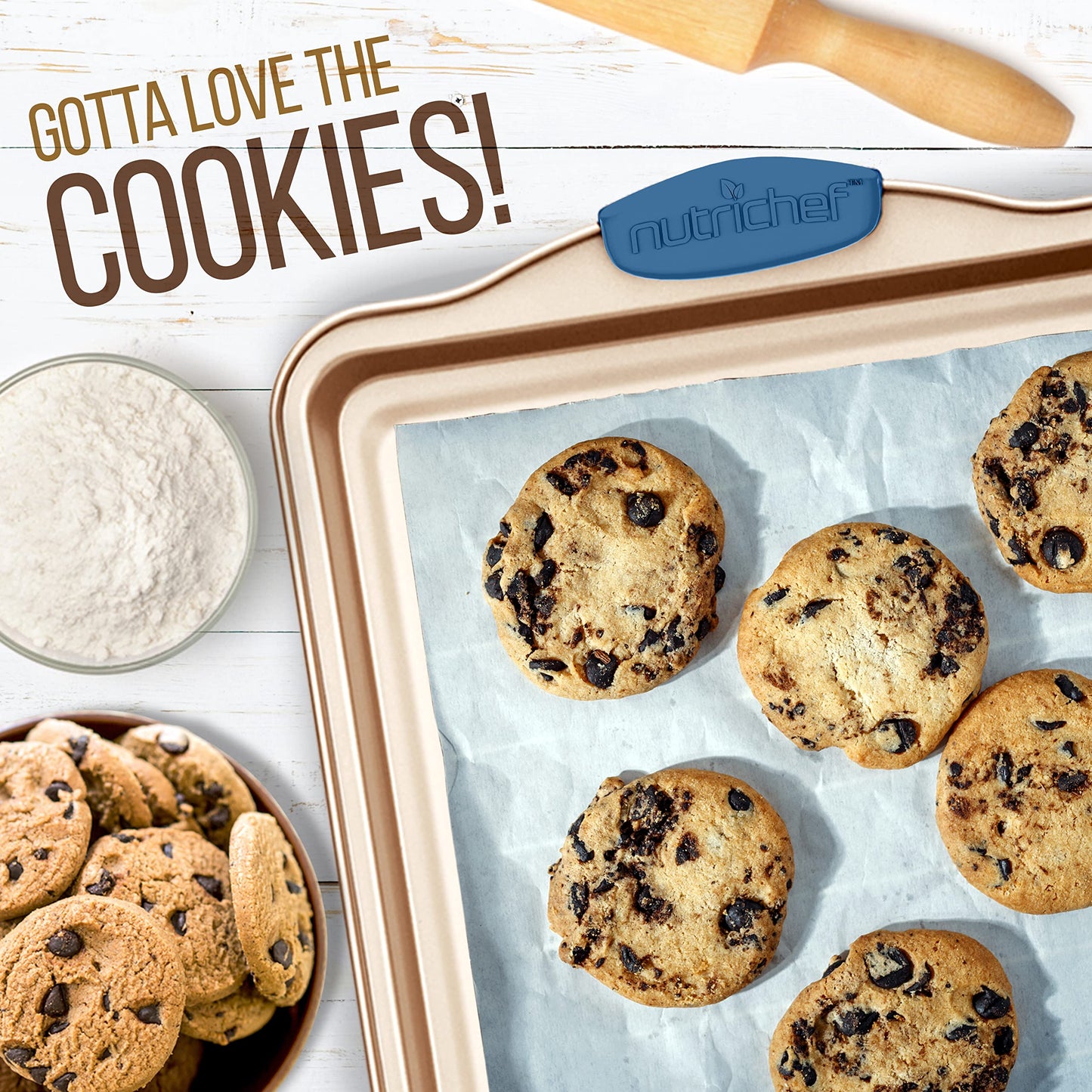 NutriChef 3-Piece Nonstick Bakeware Set - Premium Carbon Steel Oven Baking Trays w/Blue Silicone Handles - Small, Medium & Large Cookie Sheet Pans - PFOS, PFOA, PTFE-Free, Easy to Clean
