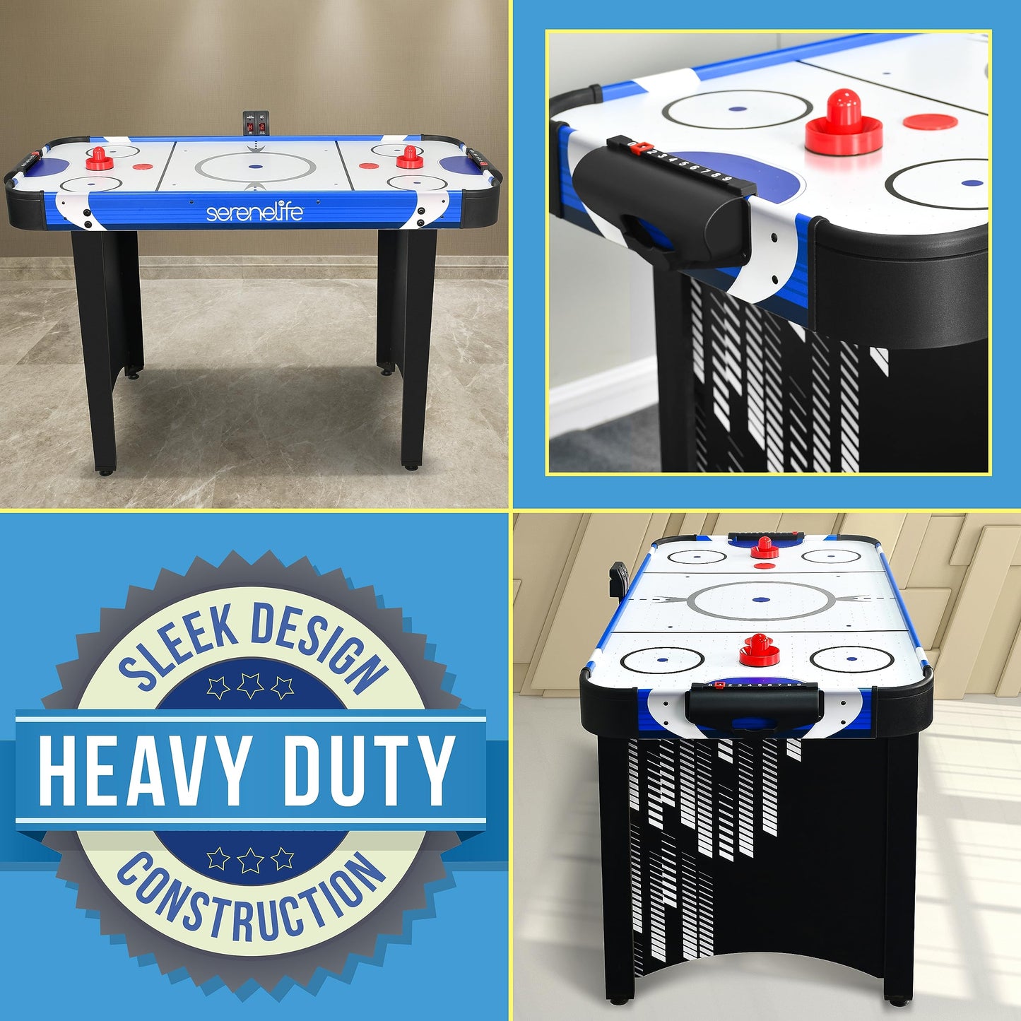 SereneLife 48" Air Hockey Game Table with 2X Stronger Motor, Digital LED Scoreboard, Puck Dispenser & Complete Accessories