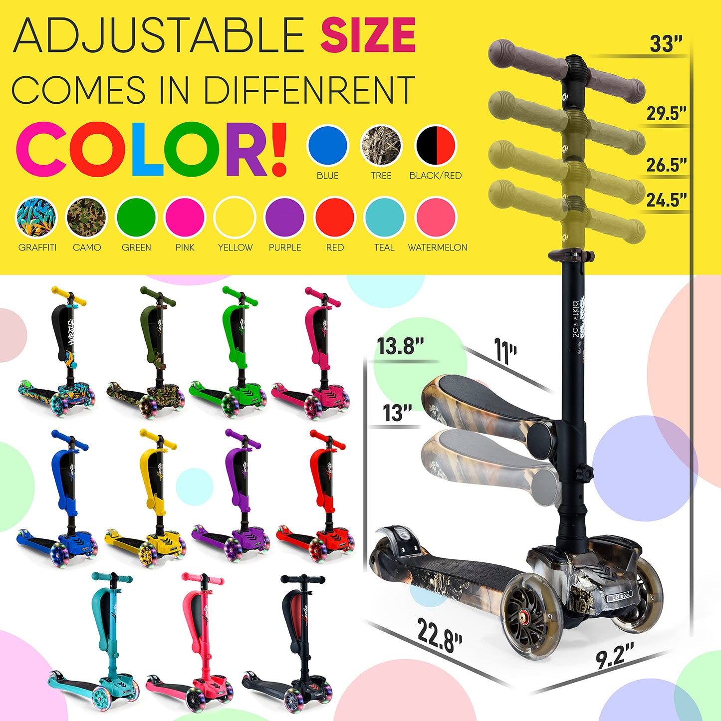 Hurtle Kids Scooter - Child Toddler Kick Scooter Toy with Foldable Seat - 3 Wheel Scooter with Adjustable Height, Anti-Slip Deck, Flashing Wheel Lights, for Boys/Girls 1-12 Year Old, Real Tree