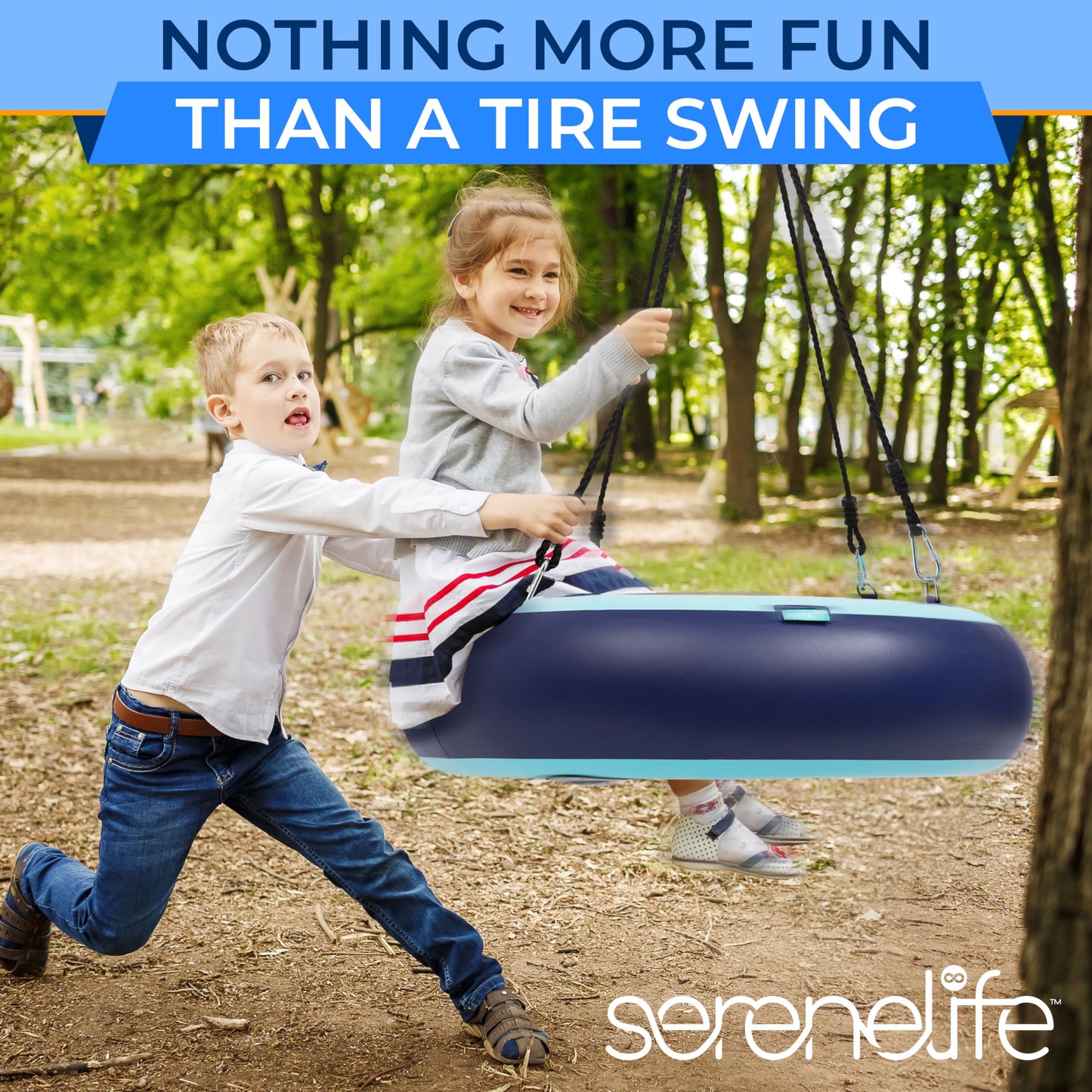 SereneLife 36” Inflatable Tire Swing with Hang Kit, 600lbs Capacity Heavy Duty Tire Swing with UV and Puncture Resistance, 360 Swivel, Hand Pump, Adjustable Ropes, Carry Bag, Hangs on Trees and Posts
