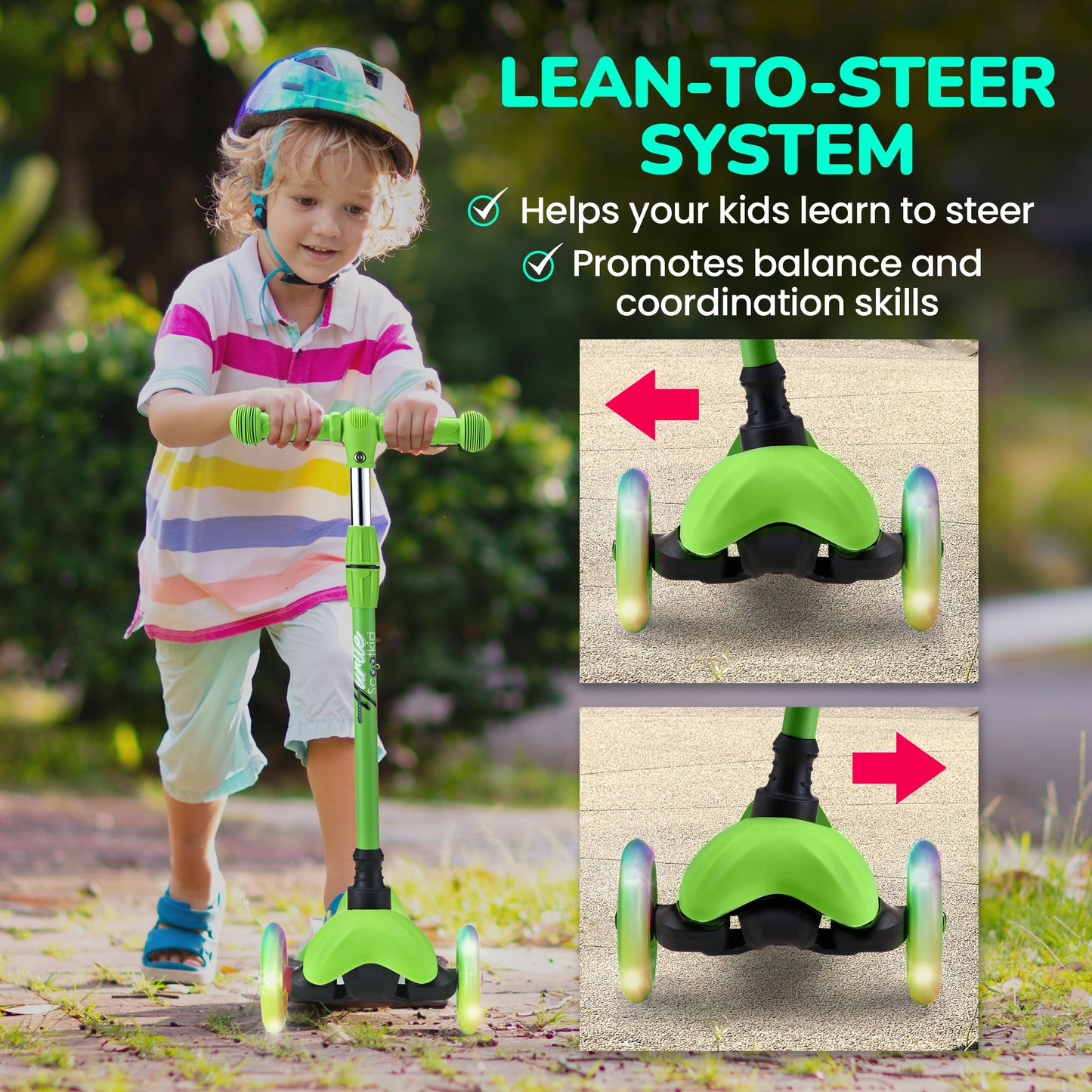 Hurtle Mini Kickboard Scooter for Kids - Height Adjustable 25''-28'', Lightweight 3-Wheel with LED Light-up Wheels, Anti-Slip,Indoor/Outdoor Fun, Micro Scooters for Ages 2-5 (Green)