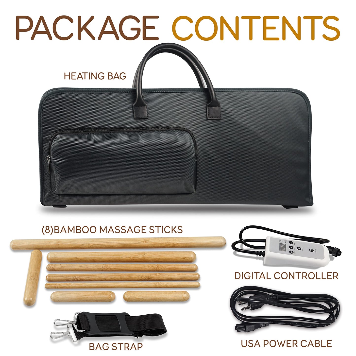 SereneLife Bamboo Massage Sticks Warmer Set with Portable Heating Bag, Electric Professional Massager Heating Therapy Kit with Digital Temperature Controller, 8 Bamboo Massage Sticks (Black)