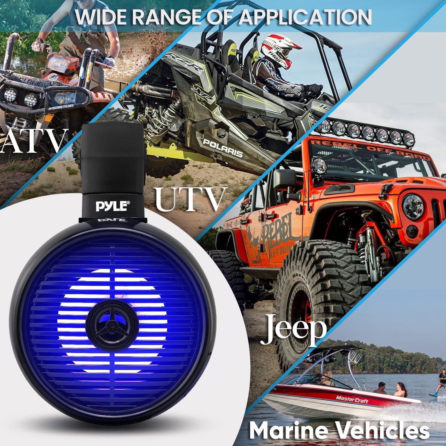 PyleUsa 6.5” Waterproof Off-Road Speakers - 200W 2-Way Marine Wakeboard Tower Sound System w/ LED Light, Full Range Outdoor Stereo Speaker for Car, ATV, UTV, Jeep, Boat, Includes Brackets (Black)