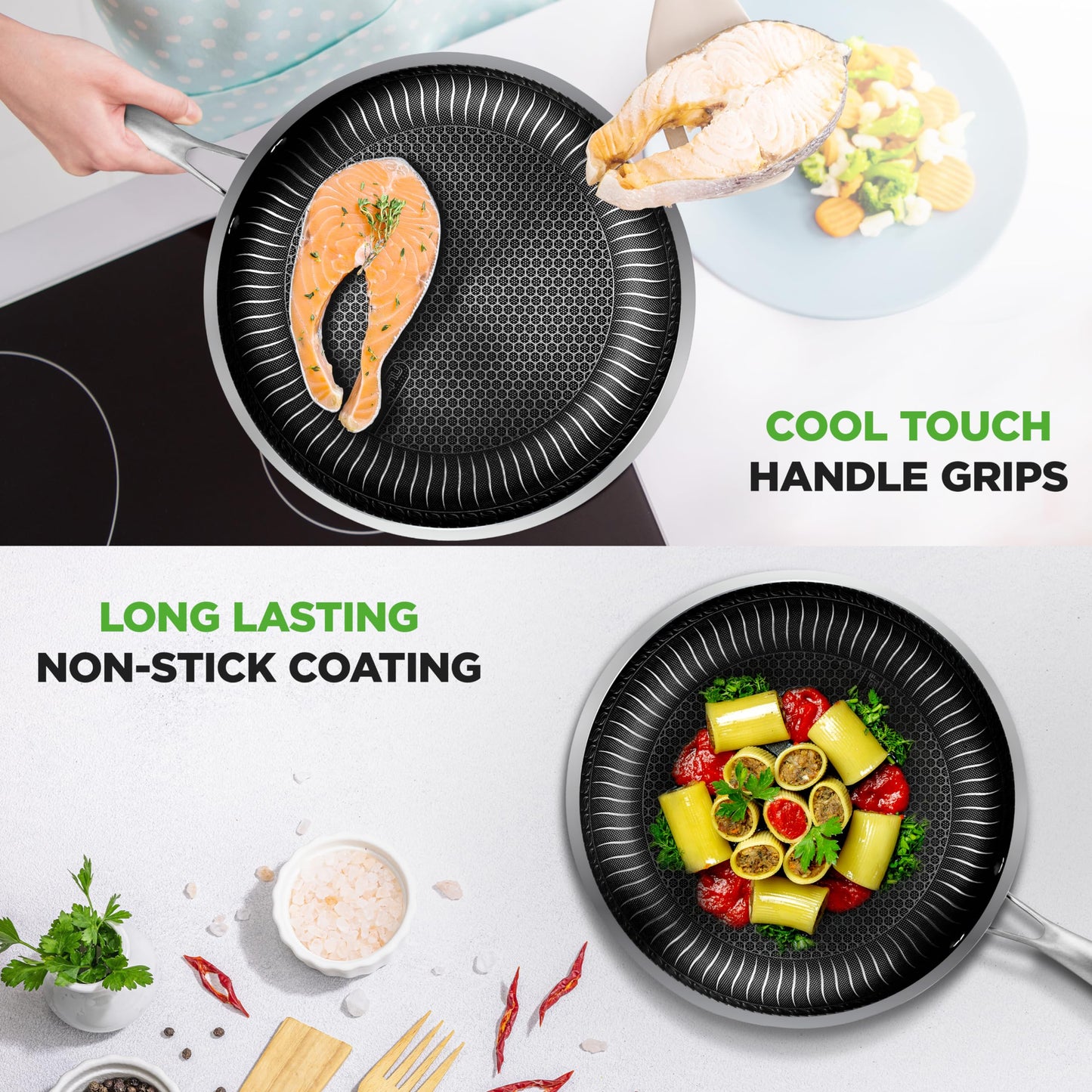 NutriChef 8-Piece Triply Cookware Set Stainless Steel - Triply Kitchenware Pots & Pans Set Kitchen Cookware, Non-Stick Coating - Sauce Pot, Stew Pot, Cooking Pot, Frying Pan, Lids - NC3PLY8Z