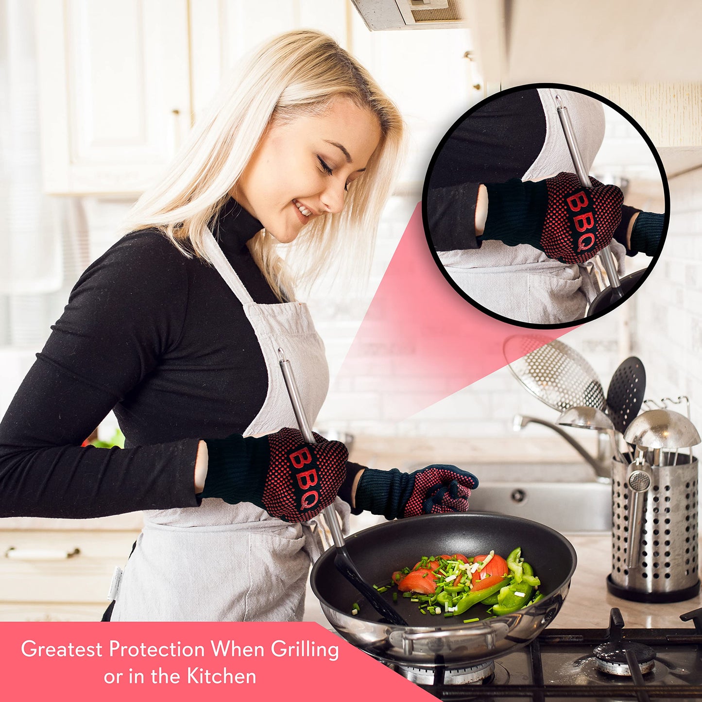 Nutrichef BBQ Gloves 1472°F Heat Resistant | Fireproof Mitts with Silicone Grip | Perfect for Men Who Love Barbecue, Grilling, Cooking, & Camping | 14'IN Food Grade Washable Kitchen Oven Mitts