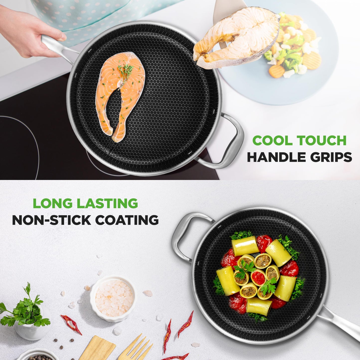 NutriChef 3.4QT Deep Frying Pan with Lid - Stainless Steel Non-Stick Saute Pan, Scratch-Resistant Honeycomb Texture, Oven & Induction Safe Skillet