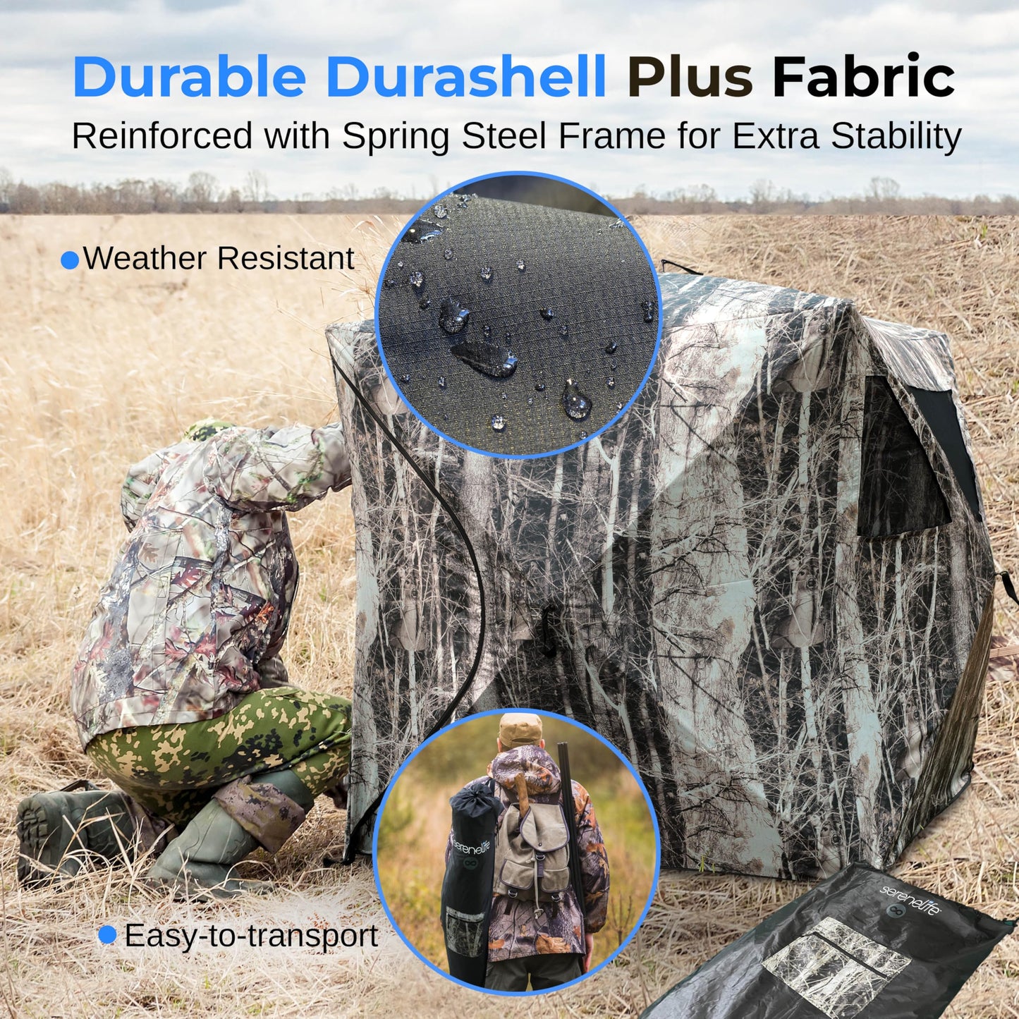 SereneLife 2-3 Person Hunting Blind for Deer and Turkey Shooting, See-Through Hunting Gear with Carry Bag, Pop-Up Portable Ground Equipment and Accessories (Camouflage)