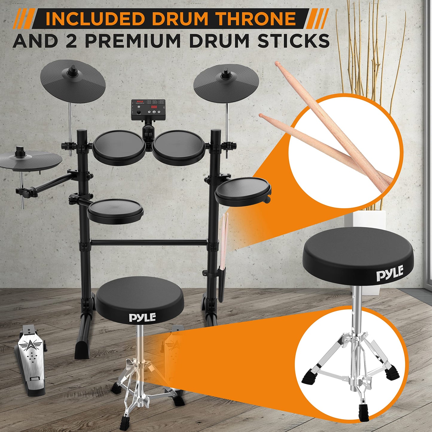 Pyle 7-Piece Electric Drum Set, Electronic Drumming Kit Machine with MIDI Support, Preloaded Sounds, Record Mode, Cymbals, Digital Foot Pedals, Sound Module, Drumsticks, Mac/PC Compatible