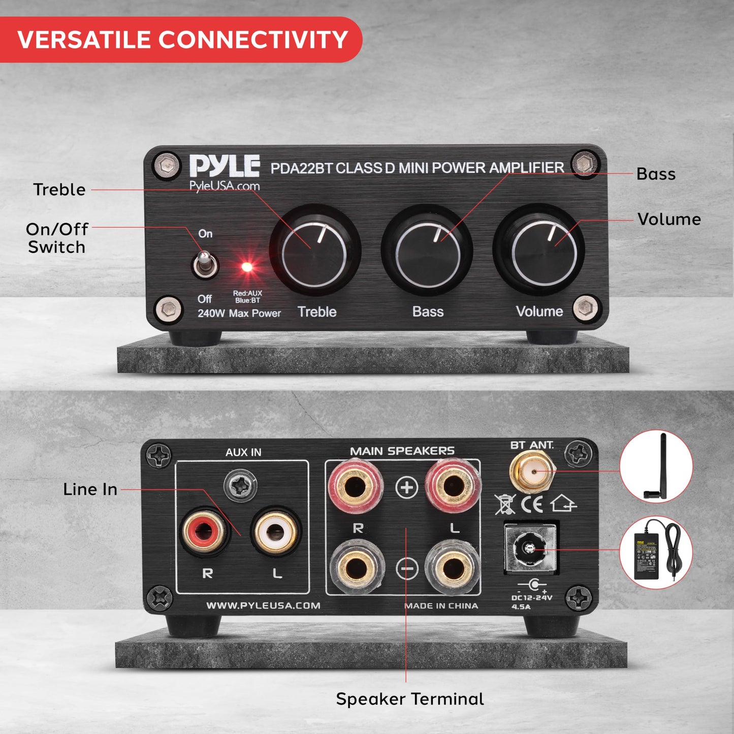 Pyle 200W Bluetooth 5.0 Portable Home Stereo Amplifier - 2 Channel Compact Wireless Mini Receiver with Bass & Treble Control - for Indoor - Outdoor - Garage - Desktop - Portable Speaker - PDA22BT