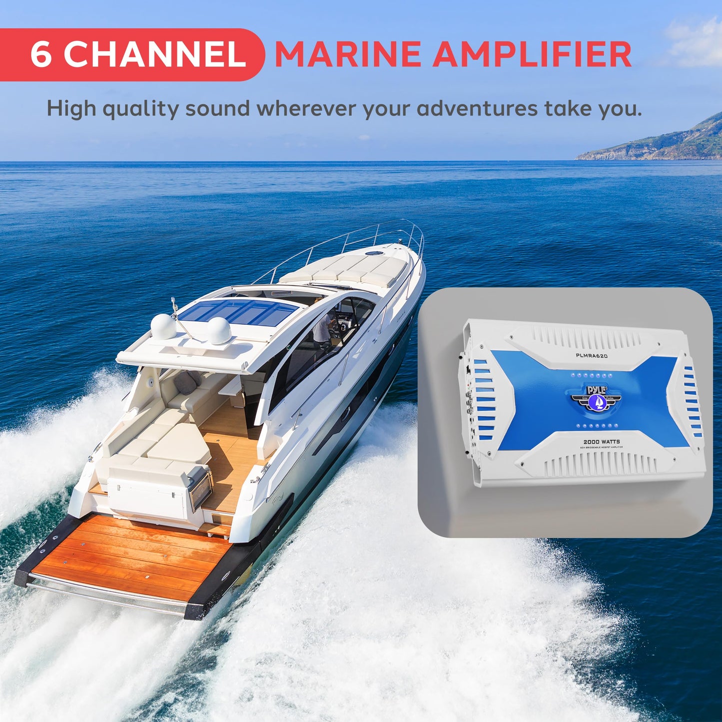 Pyle 6 Channel Marine Amplifier Receiver - Waterproof Wireless Bridgeable Audio Amp for Stereo Speaker with 2000 Watt Power Dual MOSFET Supply, GAIN Level, RCA Inputs and LED Indicator - PLMRA620