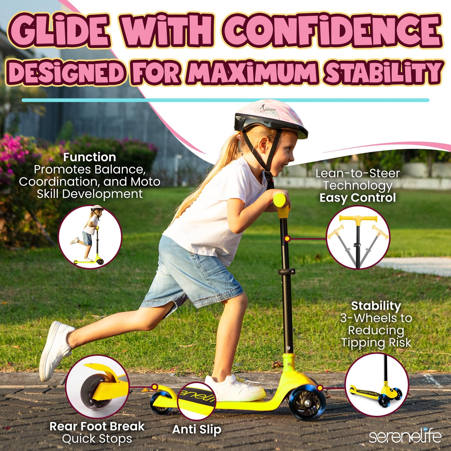 SereneLife 3-Wheel Foldable Kids Scooter – LED Wheel Lights, Adjustable Handlebar, Rear Foot Brake, Lean-to-Steer, Anti-Slip Deck – Ideal for Toddlers & Kids 3+, up to 110 lbs