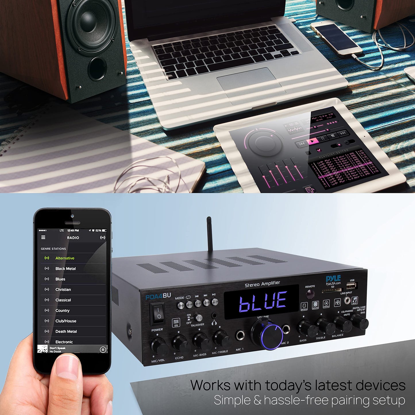 Pyle 200W Wireless Bluetooth Home Stereo Amplifier - Multi-Channel Audio Receiver with Optical - Phono - Coaxial - FM - USB/SD - AUX - RCA - 2 Mic Inputs - ‘Talk-Over’ - Antenna - Remote - PDA4BU