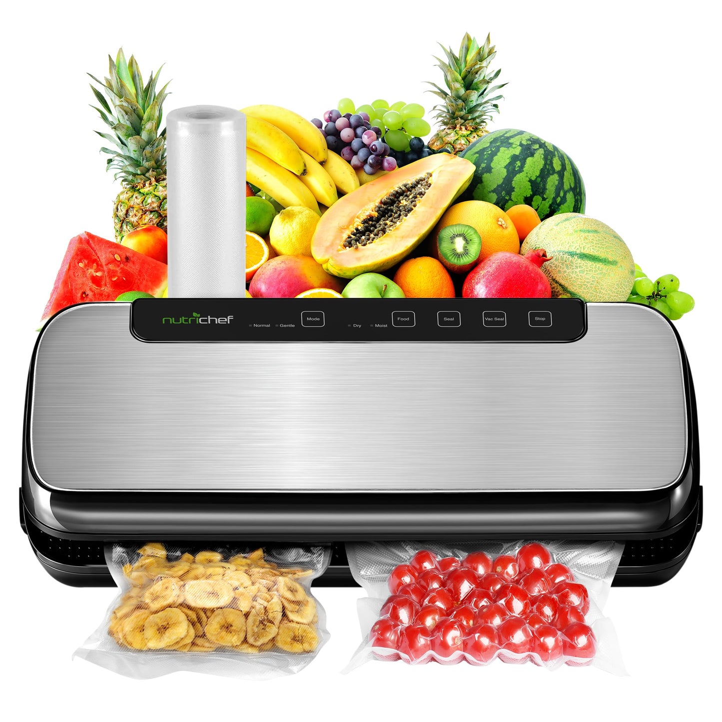 NutriChef Food Vacuum Sealer Machine, Stainless Steel Automatic Air Sealing System for Dry/Moist Foods, LED Touch Controls, Includes Vacuum Hose, Bag Roll and Wine Stopper, 110W Suction Power, 14"x6"